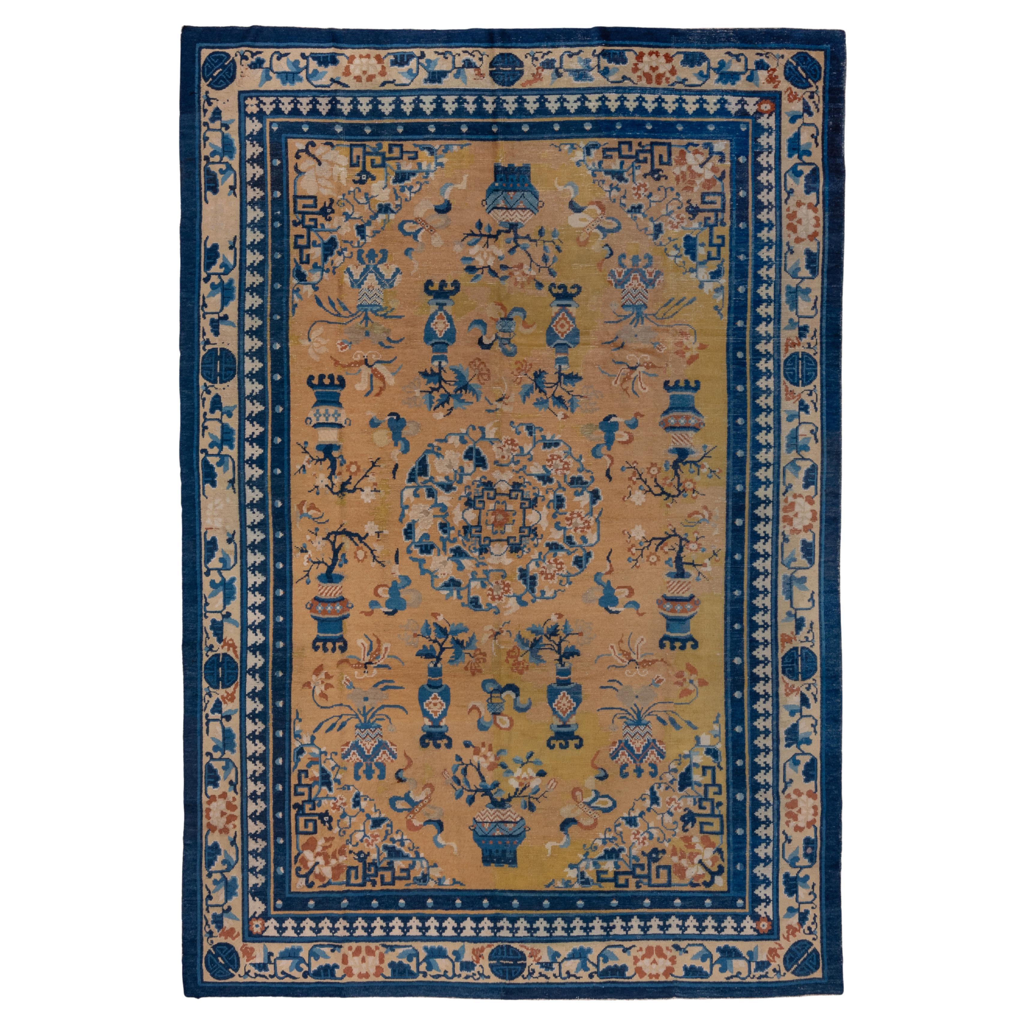 Antique Chinese Rug with Gold Field and Floral Medallion  For Sale