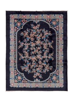 Antique Chinese Rug with Navy Field and a Flower Foliage