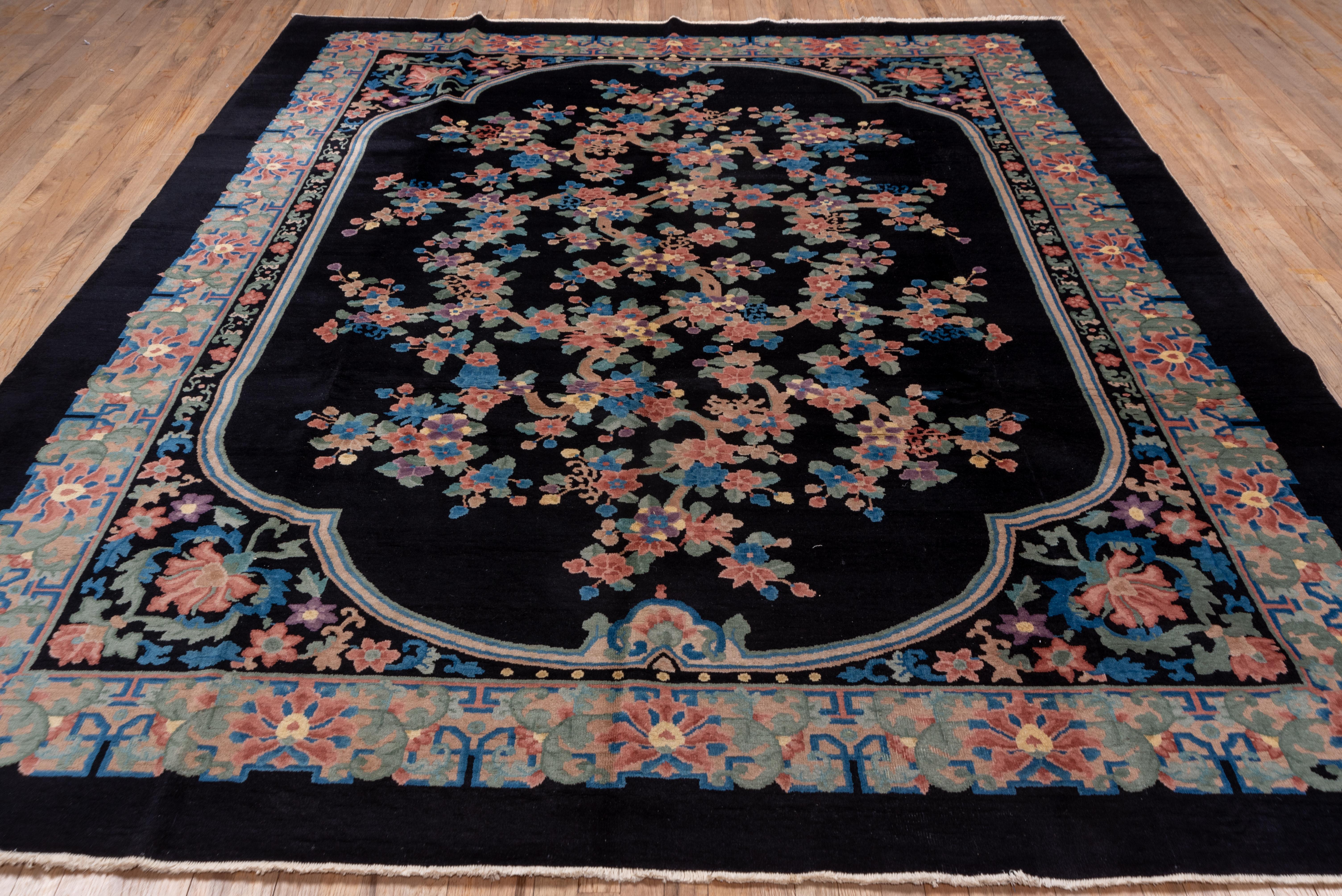 Hand-Knotted Antique Chinese Rug with Navy Field and a Flower Foliage  For Sale