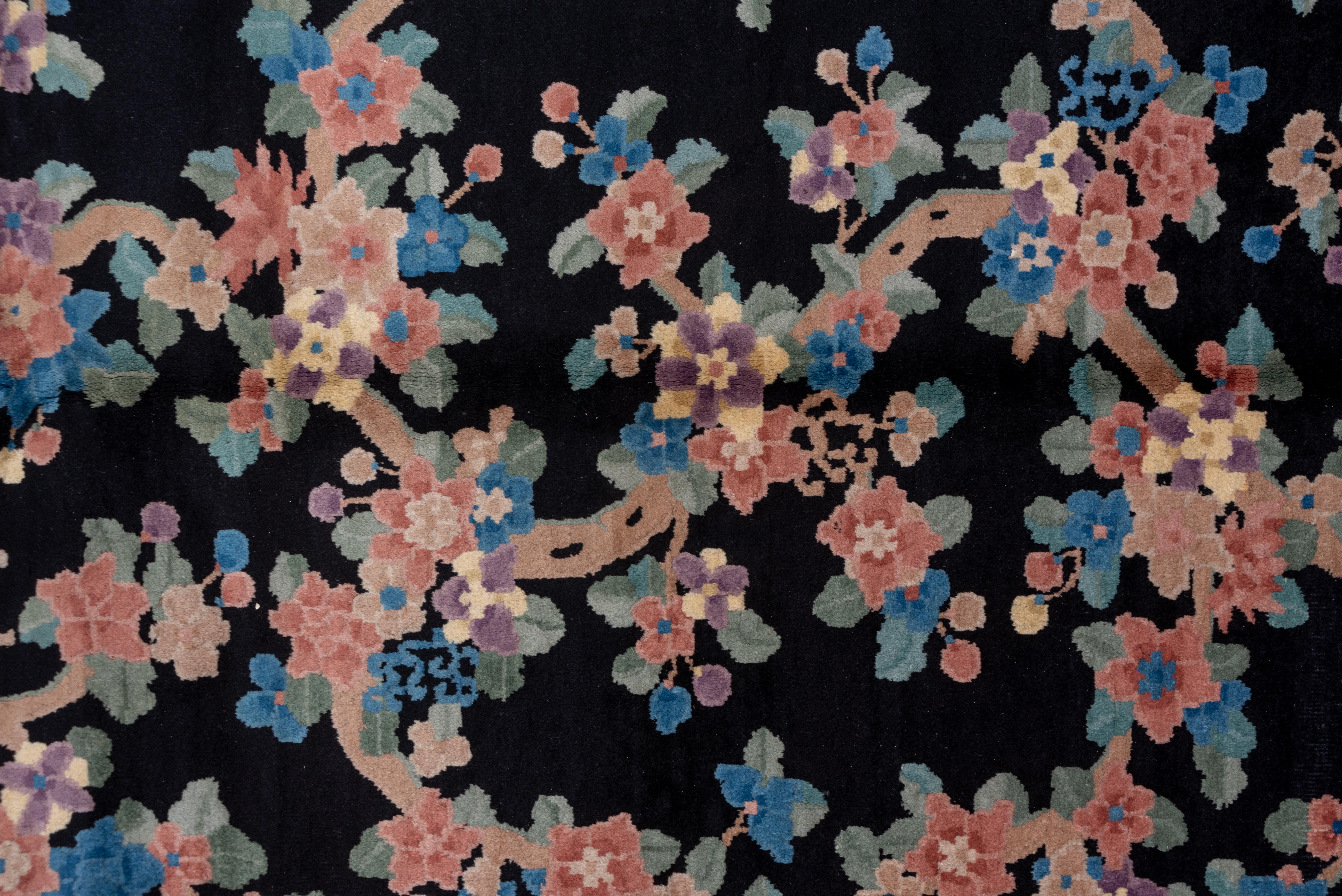 Antique Chinese Rug with Navy Field and a Flower Foliage  In Good Condition For Sale In New York, NY