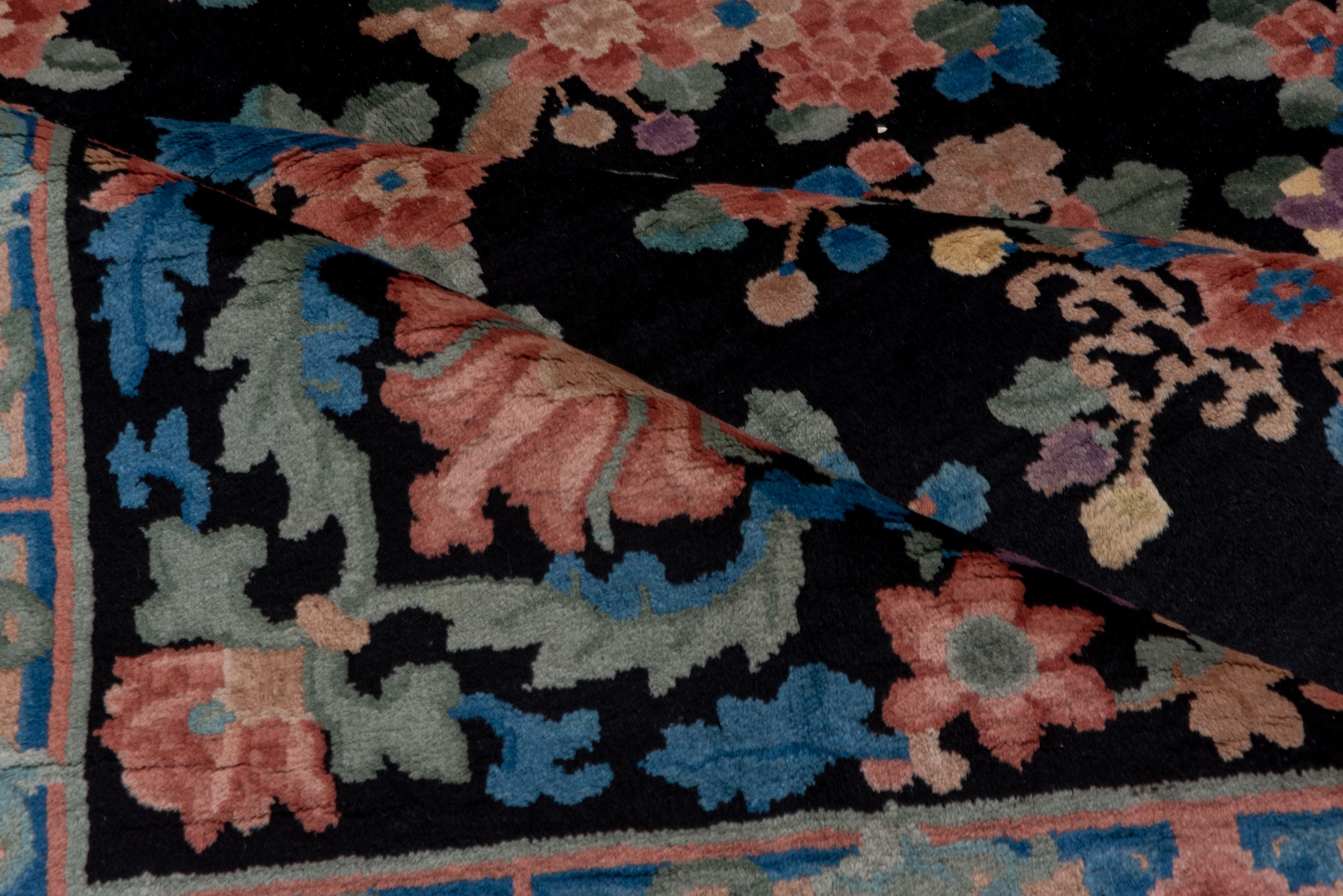 Antique Chinese Rug with Navy Field and a Flower Foliage  For Sale 1