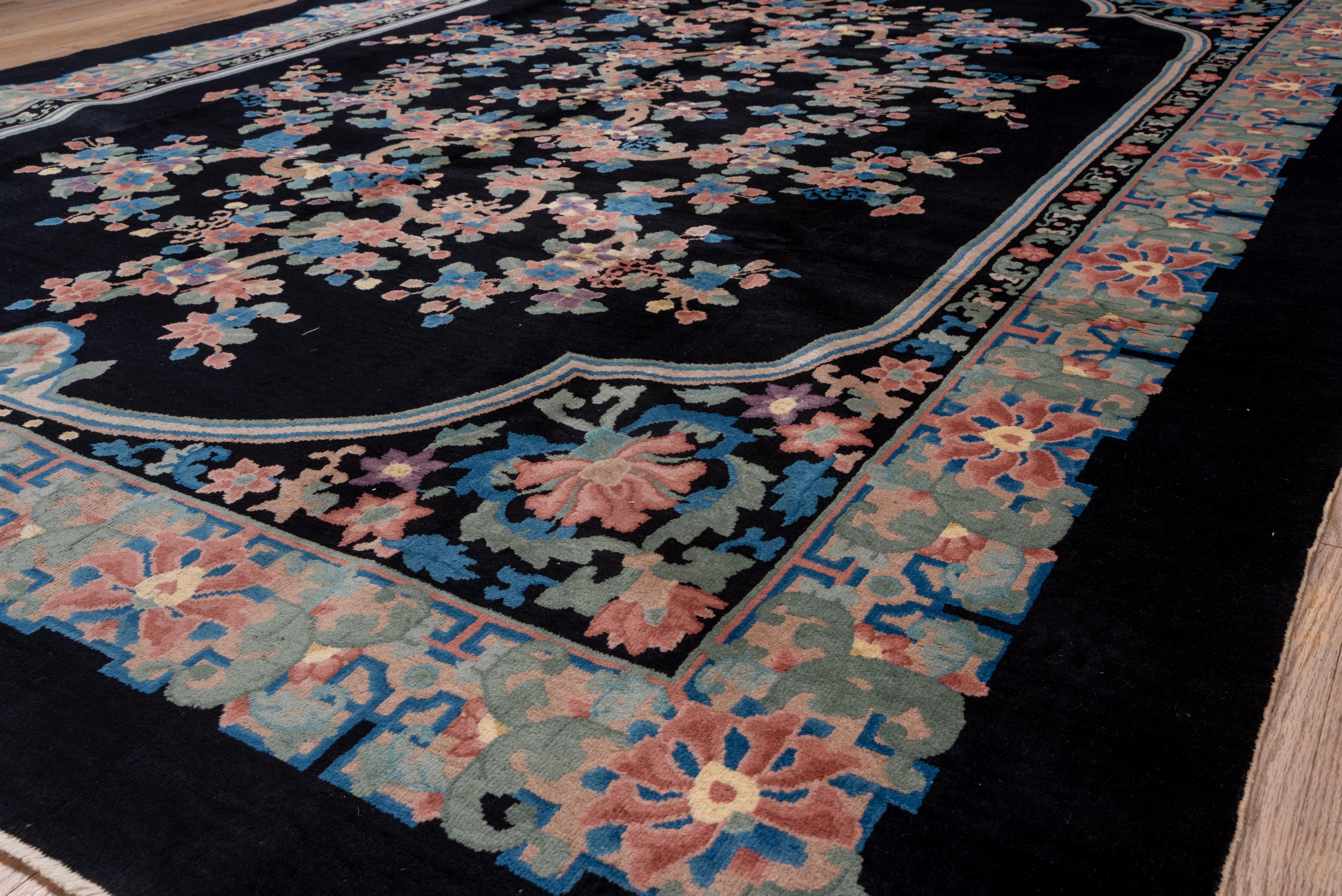 Antique Chinese Rug with Navy Field and a Flower Foliage  For Sale 2