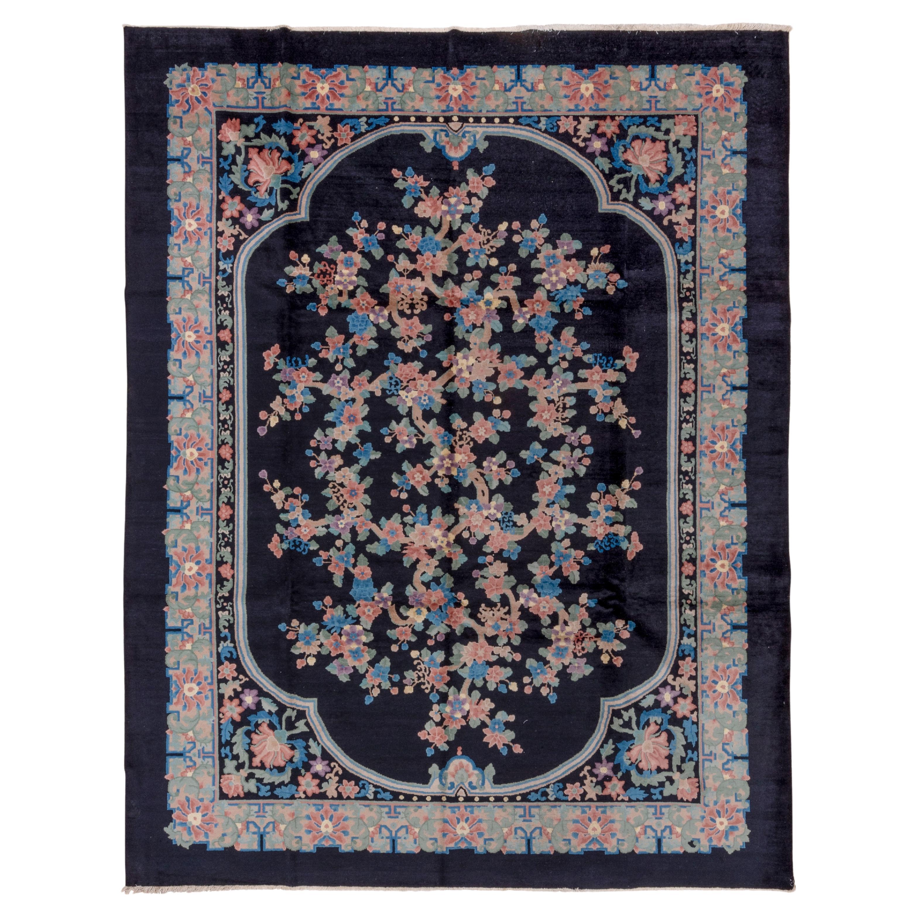 Antique Chinese Rug with Navy Field and a Flower Foliage