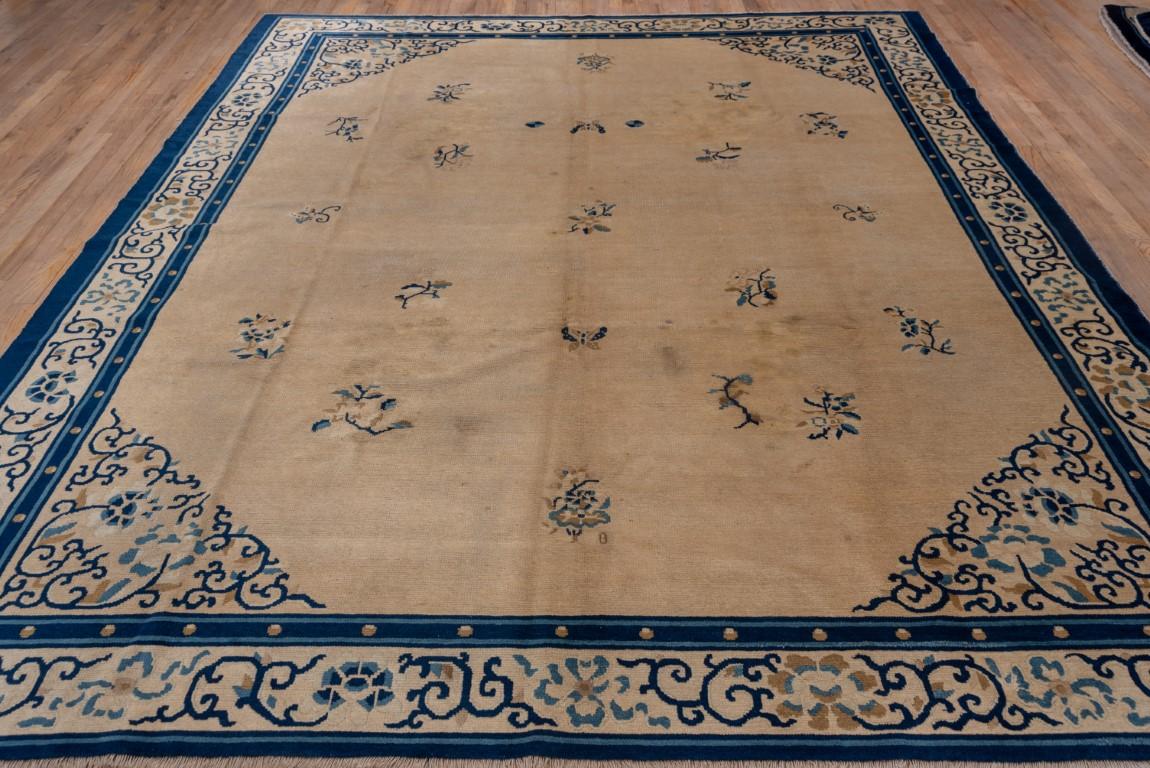 Hand-Knotted Antique Chinese Rug with Warm Ecru Field and Blue Design, Circa 1920's For Sale