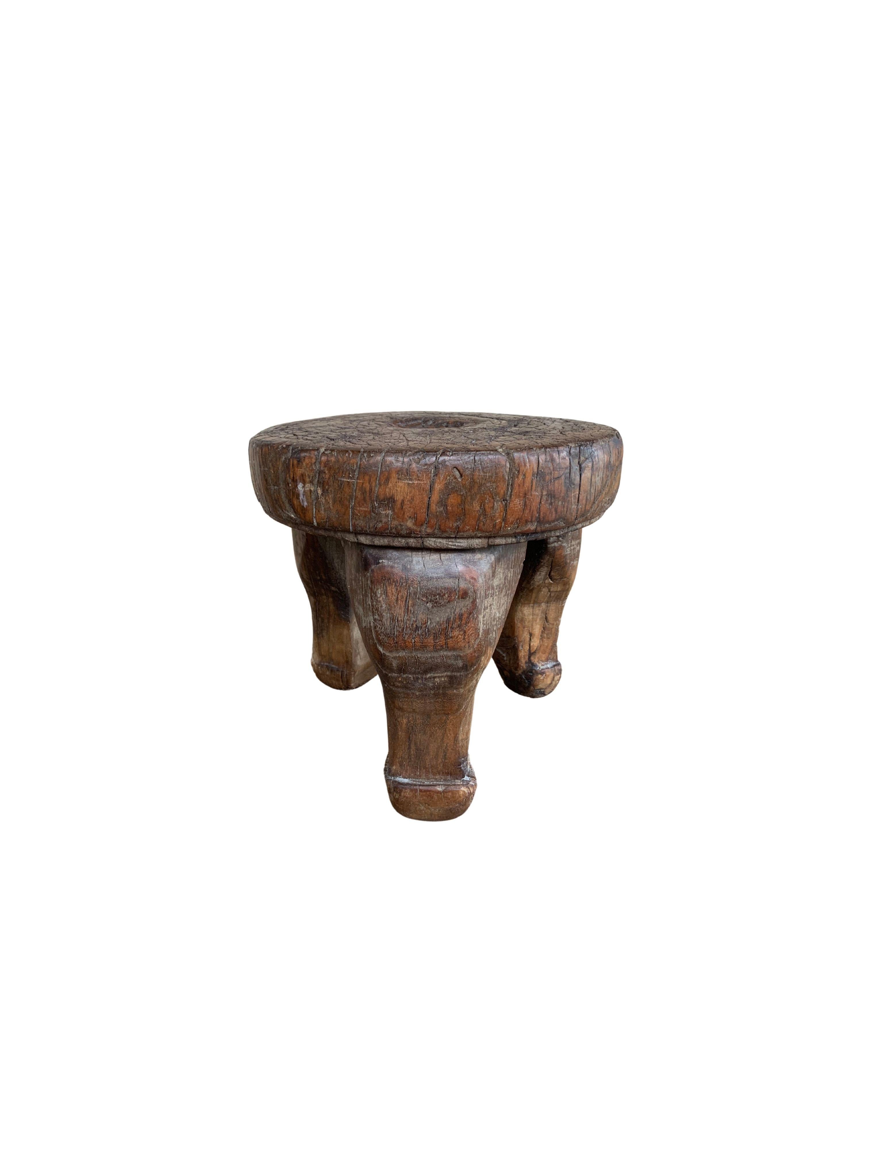 Hand-Crafted Antique Chinese Rustic Mini Elm Wood 3 Legged Stool, c.1900