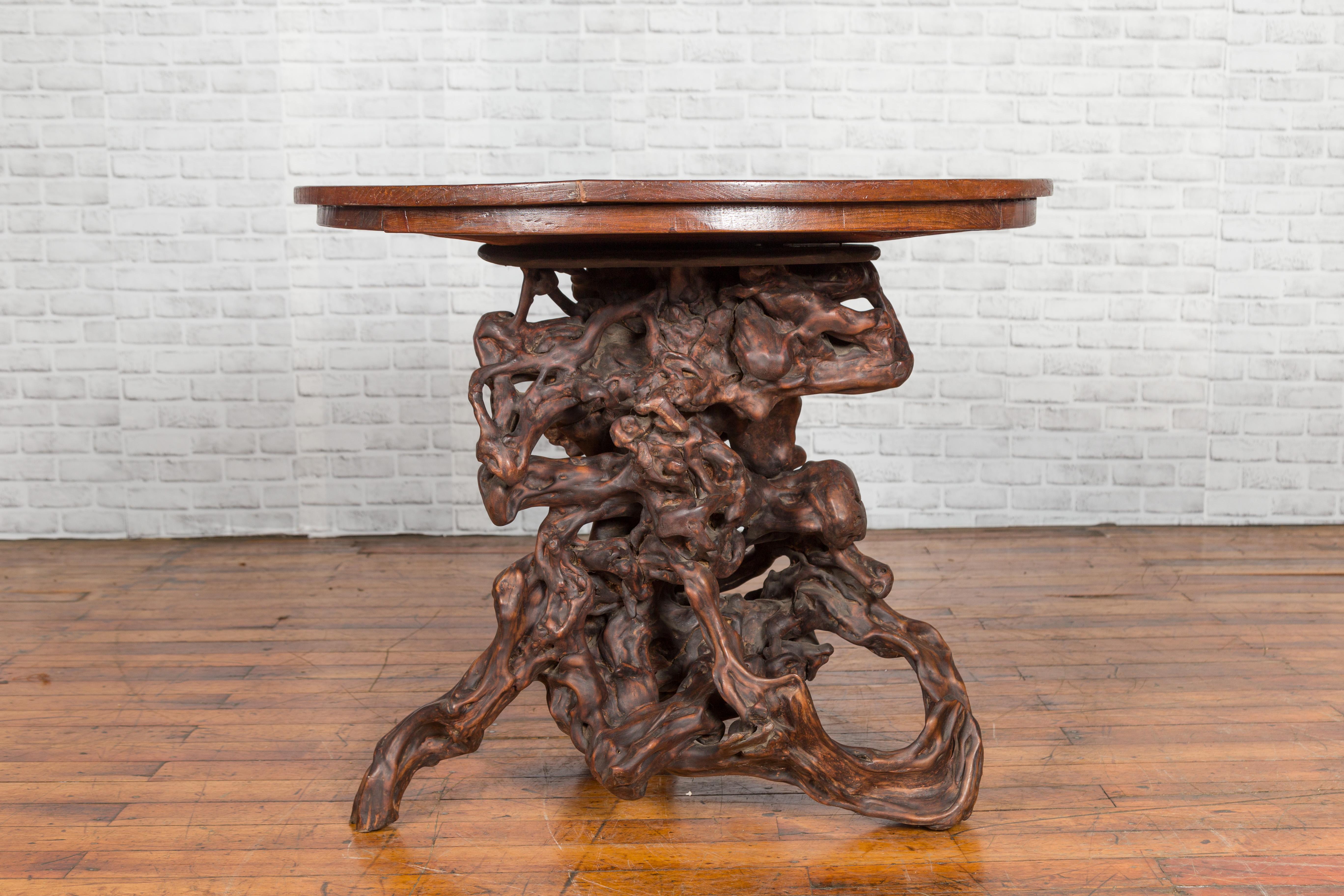 Antique Chinese Rustic Root Table with Circular Top and Dark Patina 1