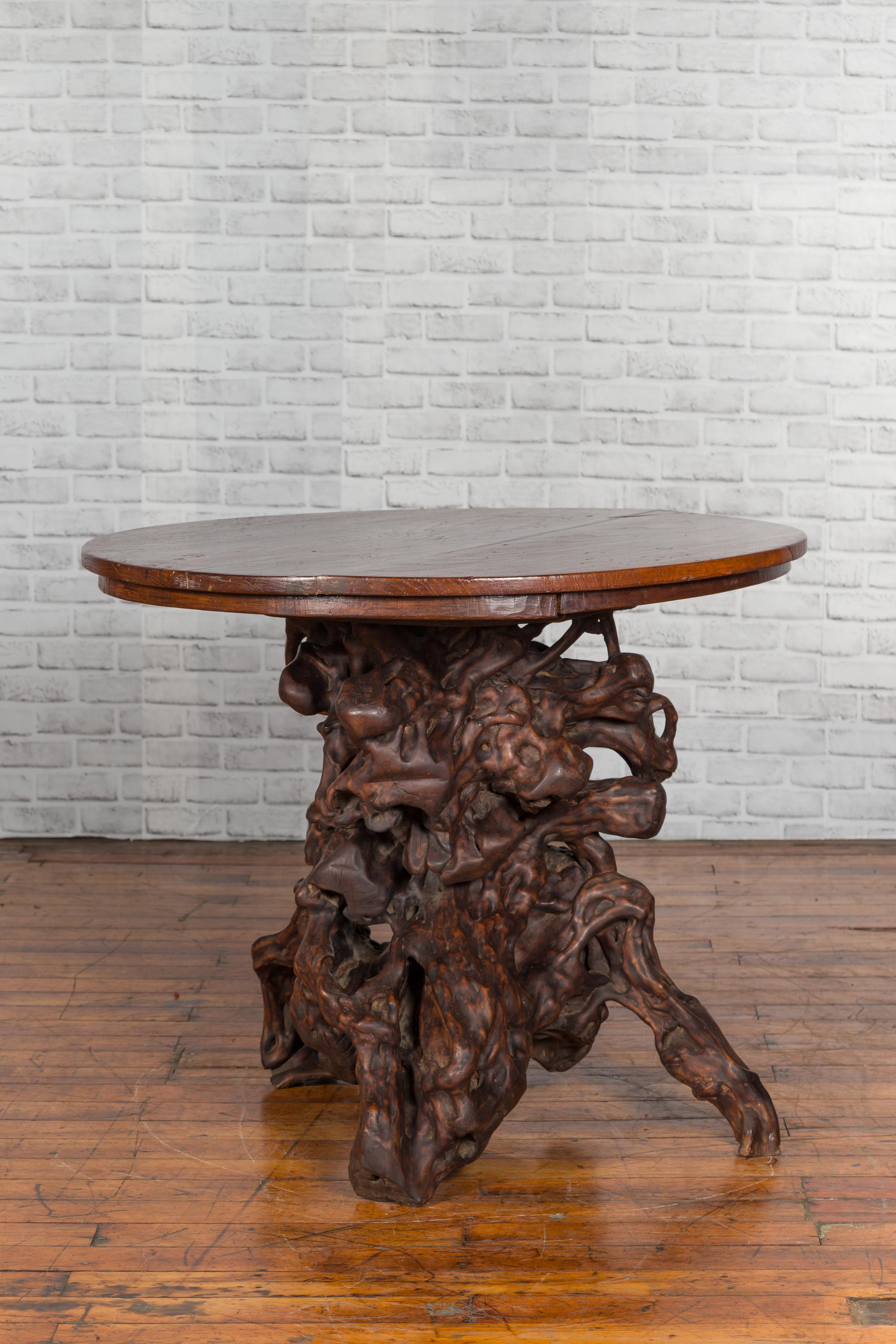 Antique Chinese Rustic Root Table with Circular Top and Dark Patina 3