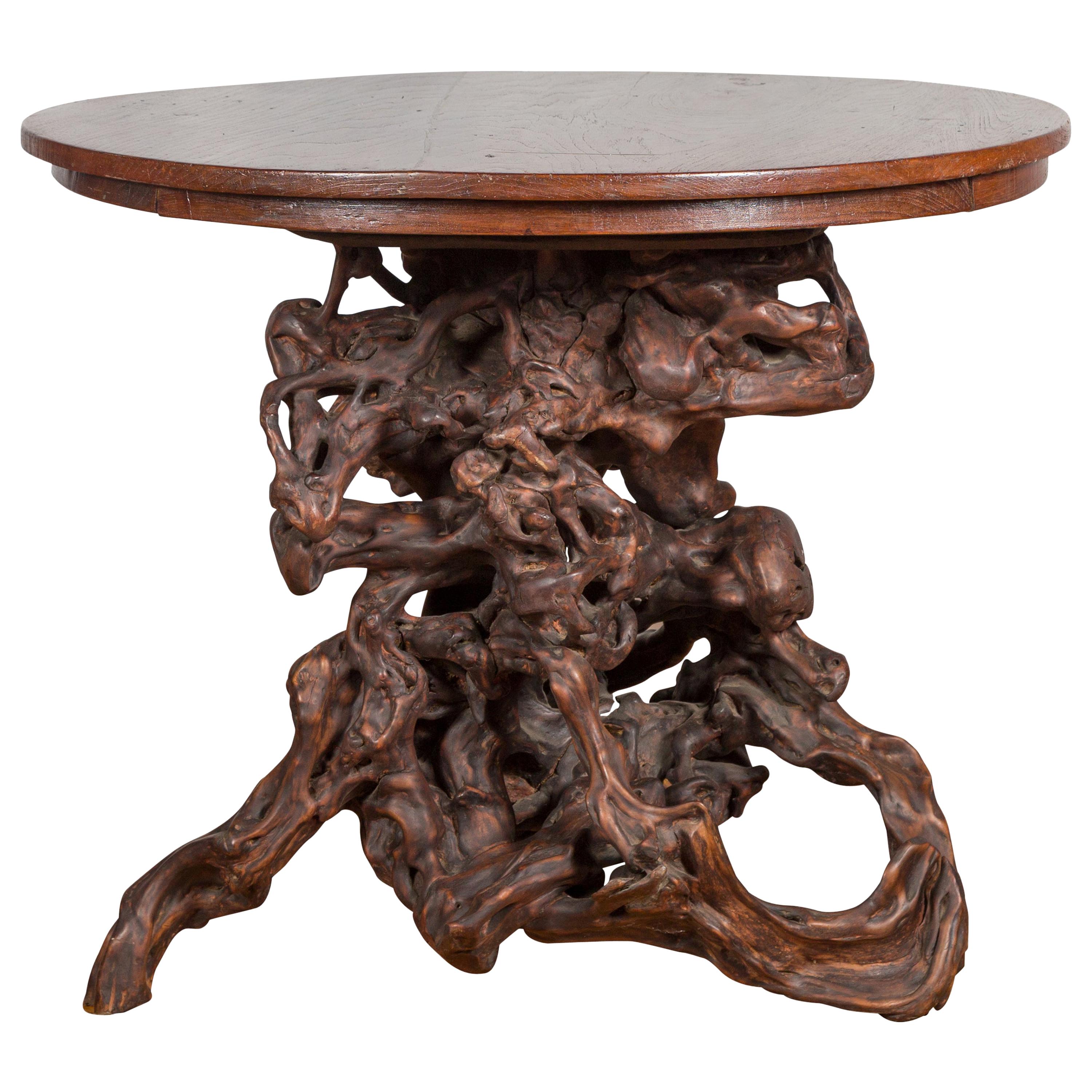Antique Chinese Rustic Root Table with Circular Top and Dark Patina