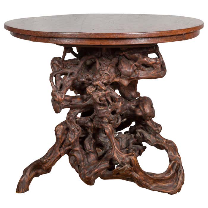 Antique Chinese Rustic Root Table with Circular Top and Dark Patina at ...
