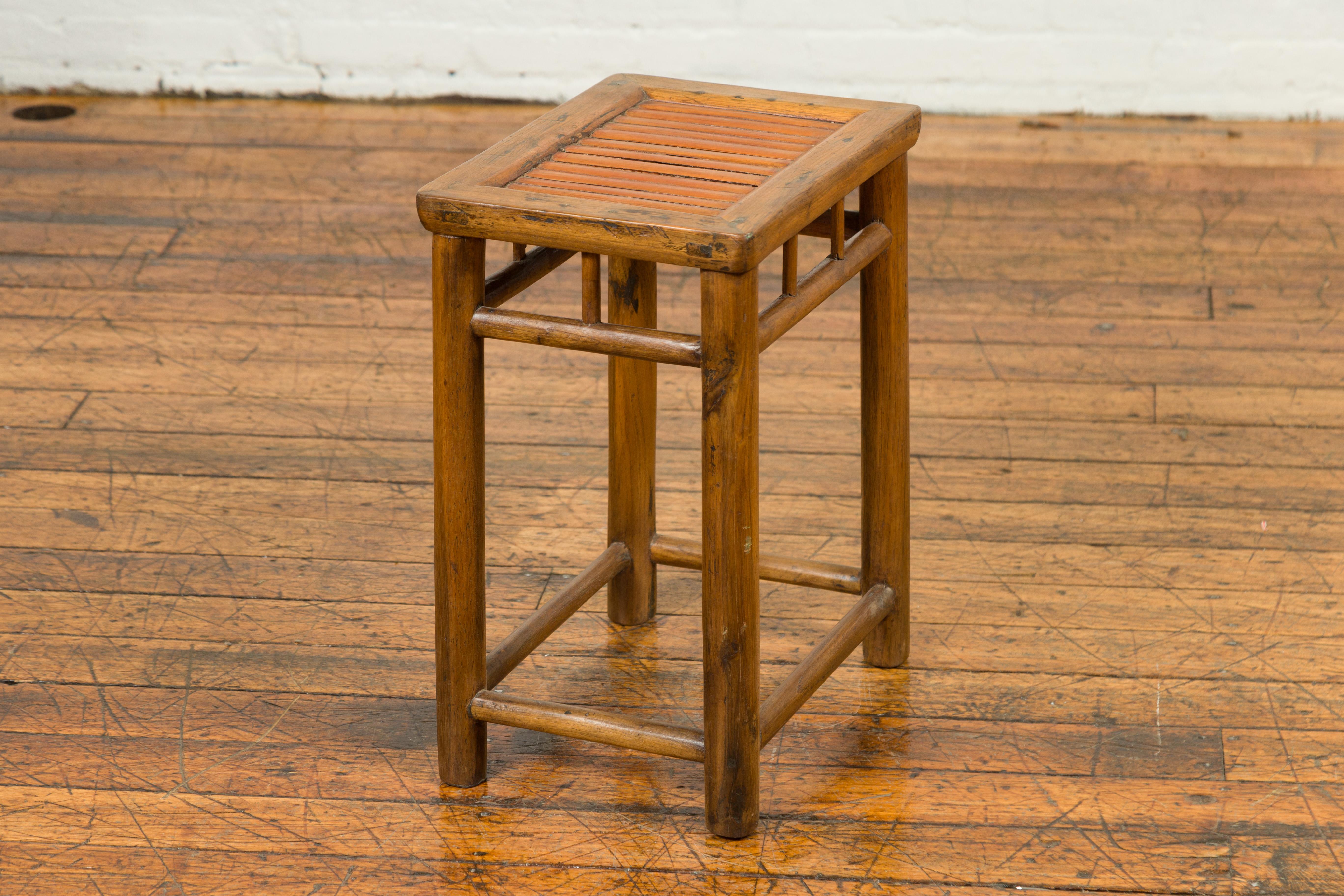 Antique Chinese Rustic Side Table with Bamboo Inset and Pillar-Shaped Struts 6
