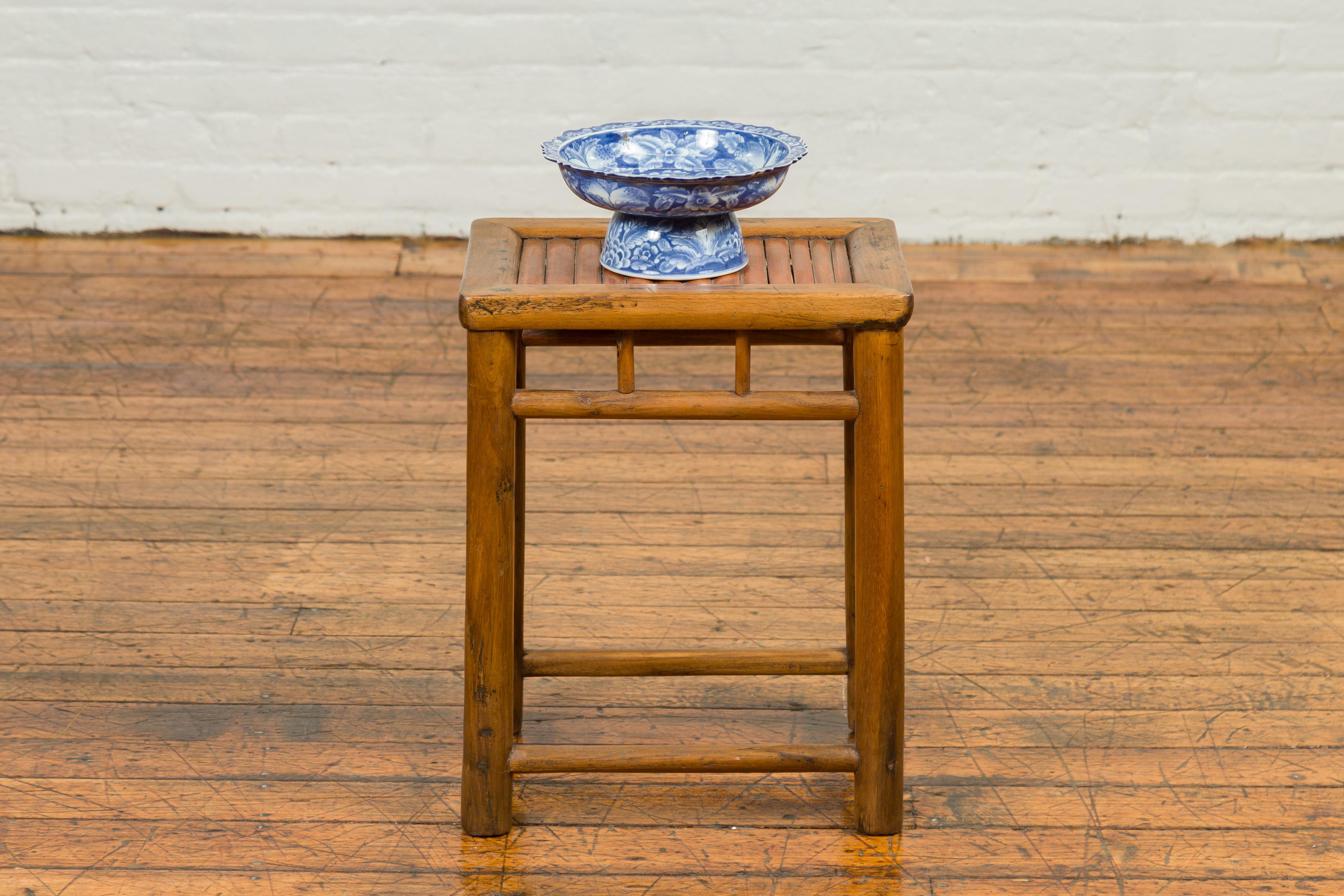 Antique Chinese Rustic Side Table with Bamboo Inset and Pillar-Shaped Struts 7