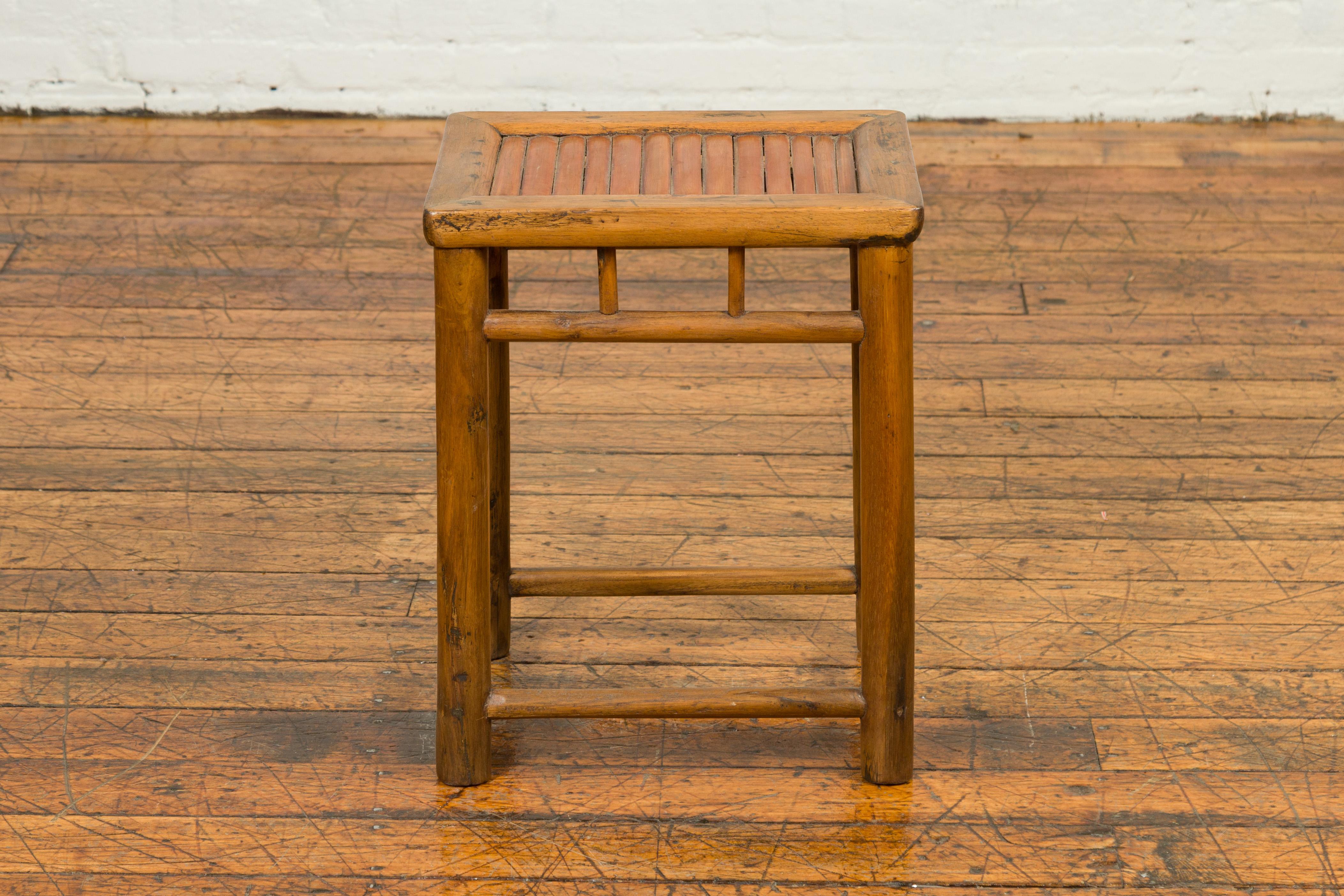 Antique Chinese Rustic Side Table with Bamboo Inset and Pillar-Shaped Struts In Good Condition In Yonkers, NY
