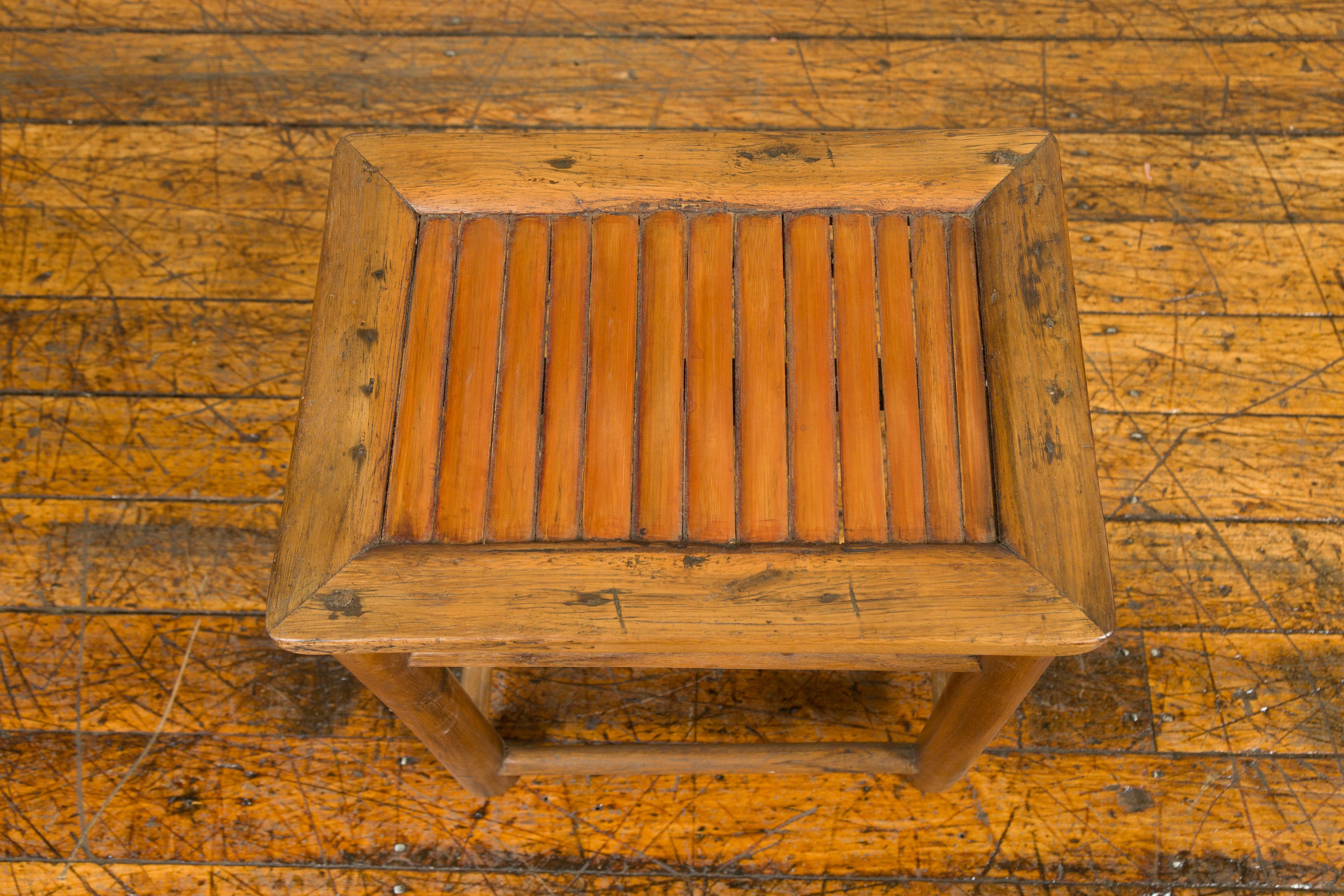20th Century Antique Chinese Rustic Side Table with Bamboo Inset and Pillar-Shaped Struts