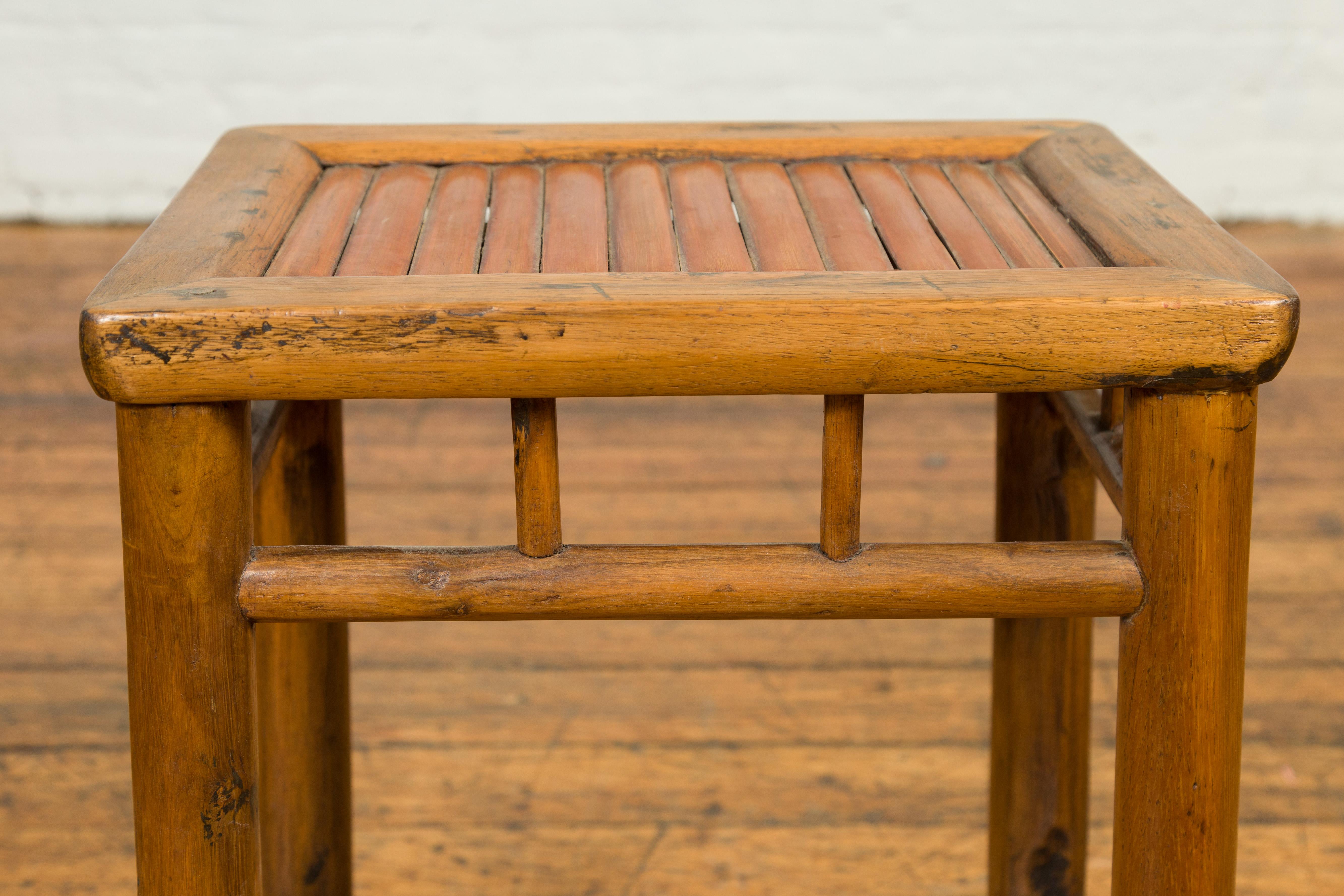 Antique Chinese Rustic Side Table with Bamboo Inset and Pillar-Shaped Struts 1