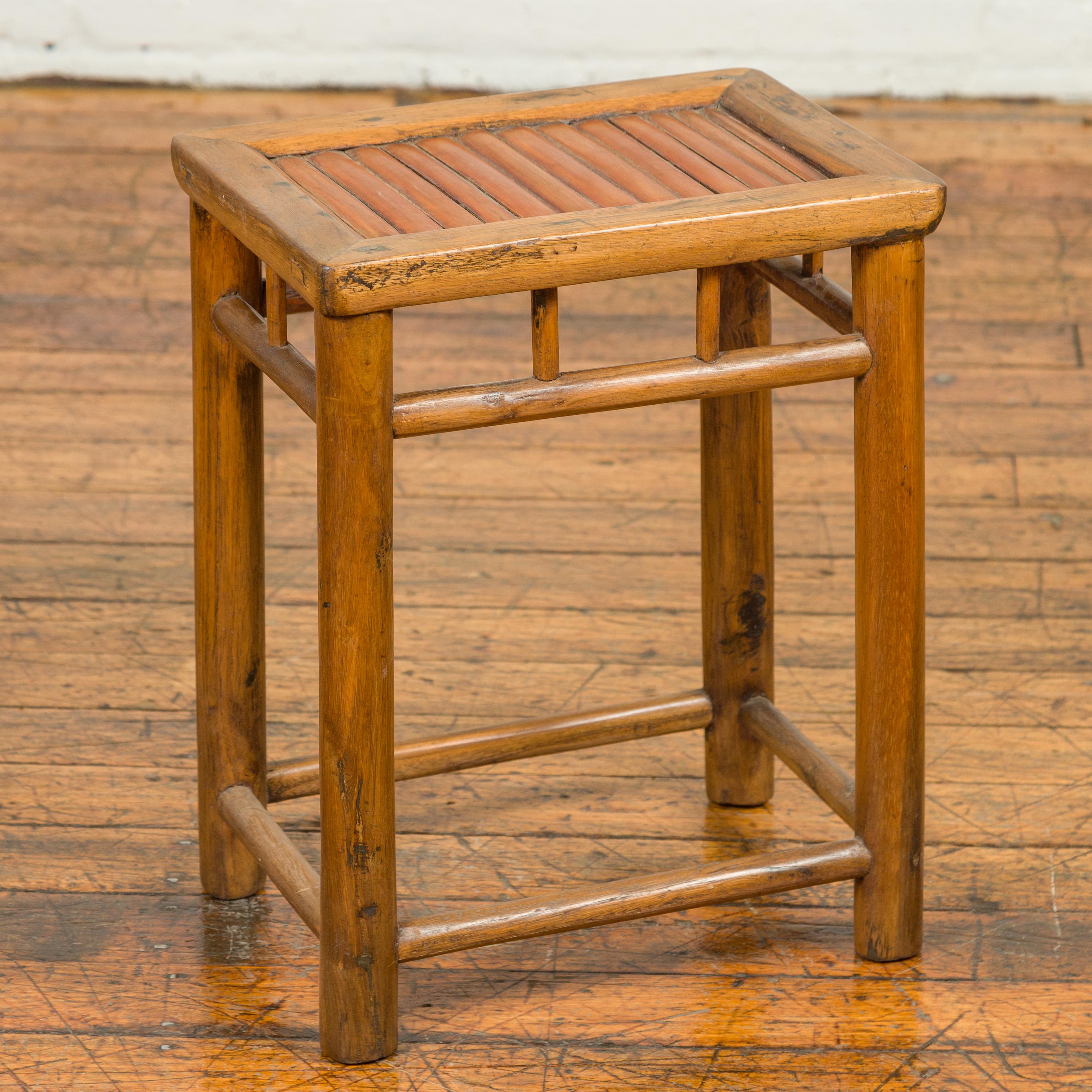 Antique Chinese Rustic Side Table with Bamboo Inset and Pillar-Shaped Struts 2