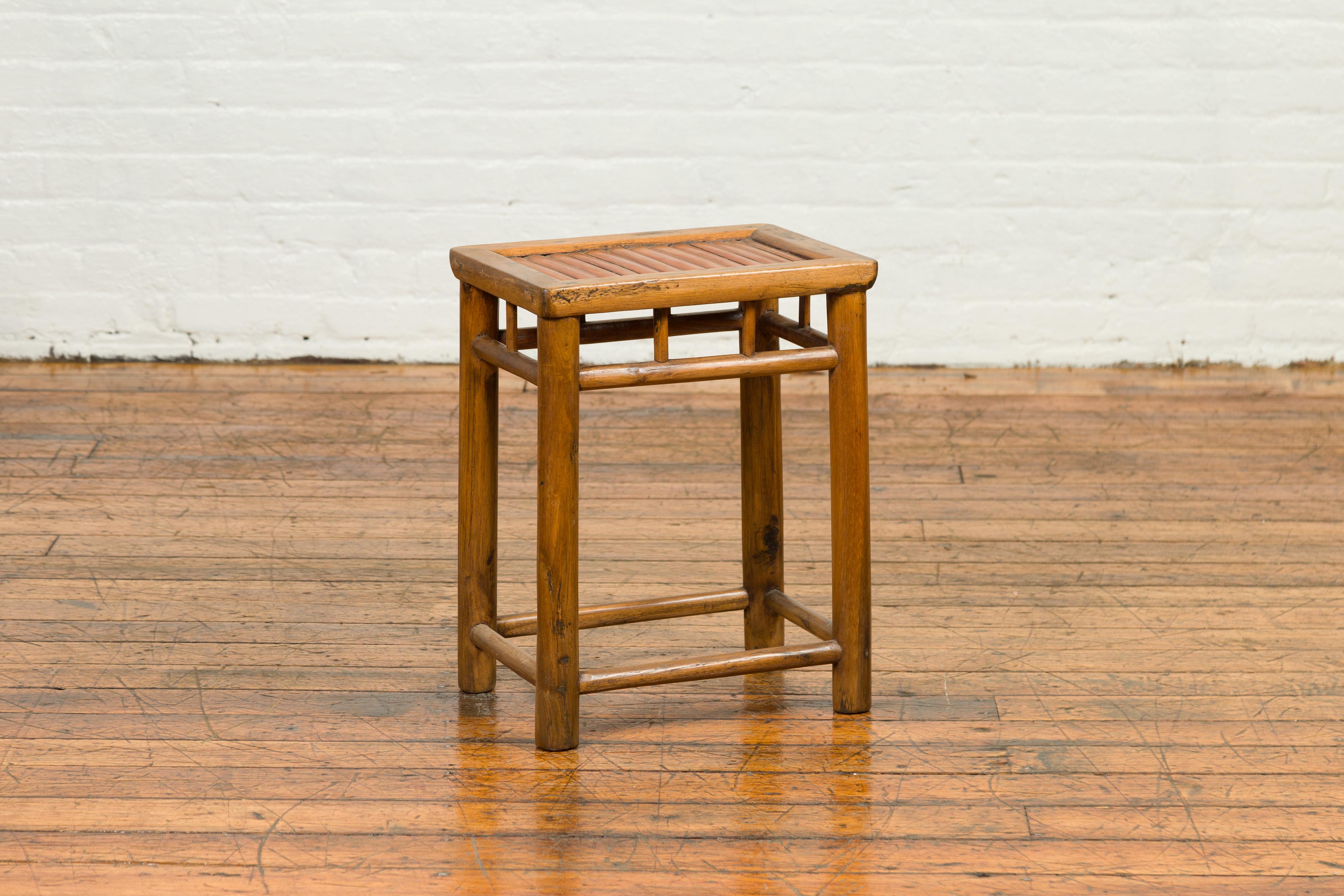 Antique Chinese Rustic Side Table with Bamboo Inset and Pillar-Shaped Struts 3