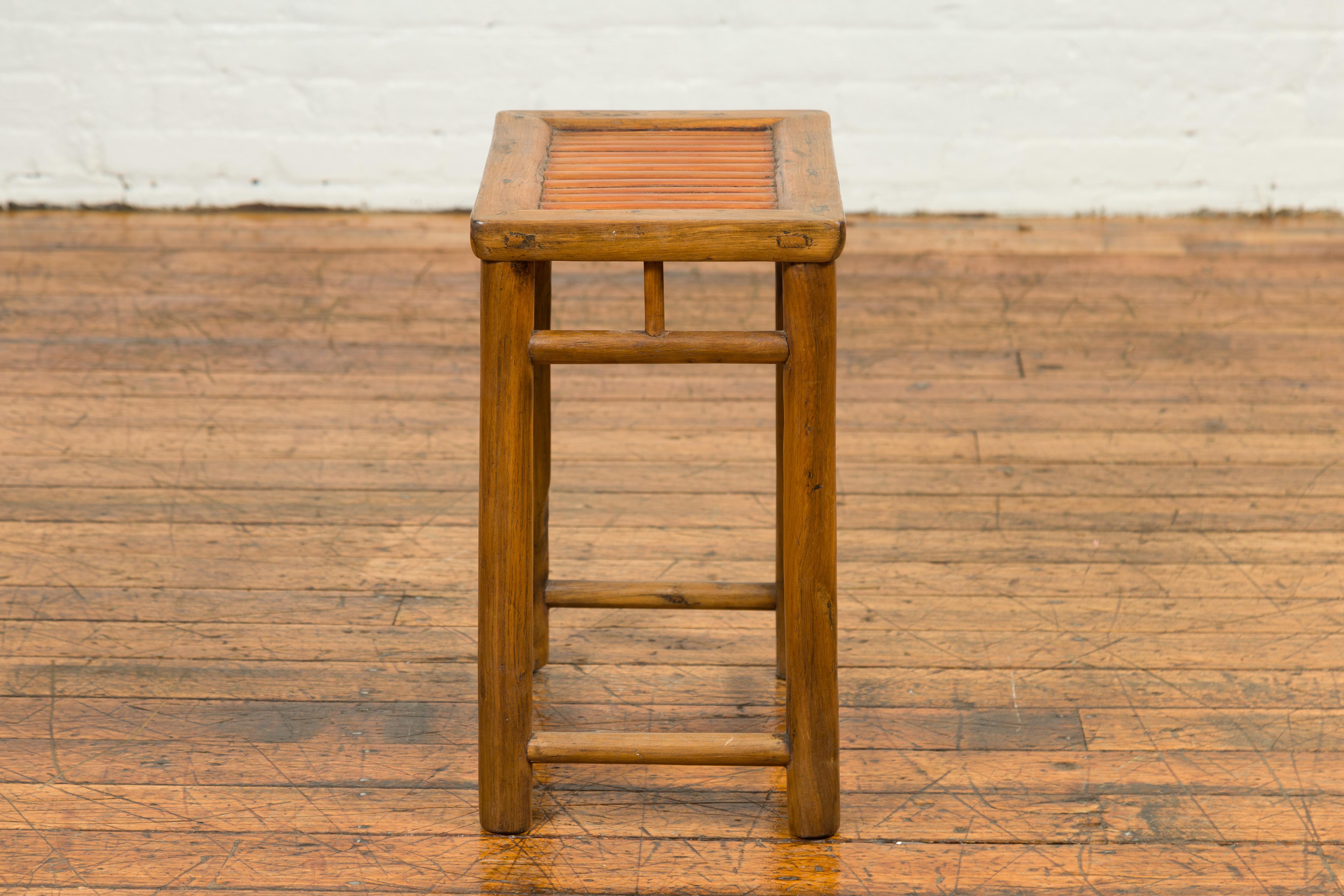 Antique Chinese Rustic Side Table with Bamboo Inset and Pillar-Shaped Struts 4