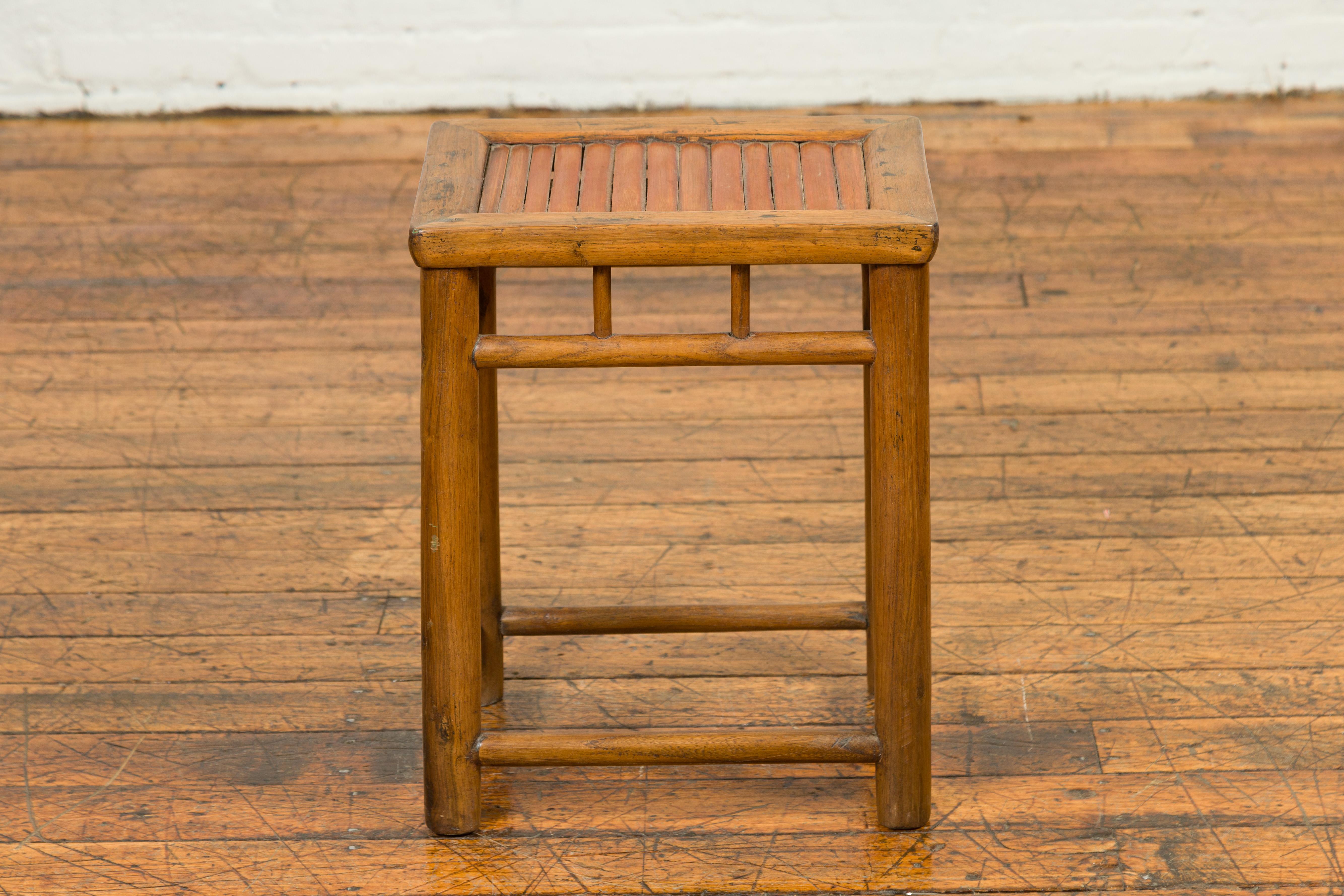 Antique Chinese Rustic Side Table with Bamboo Inset and Pillar-Shaped Struts 5