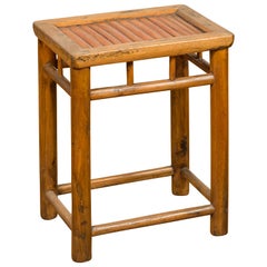 Antique Chinese Rustic Side Table with Bamboo Inset and Pillar-Shaped Struts