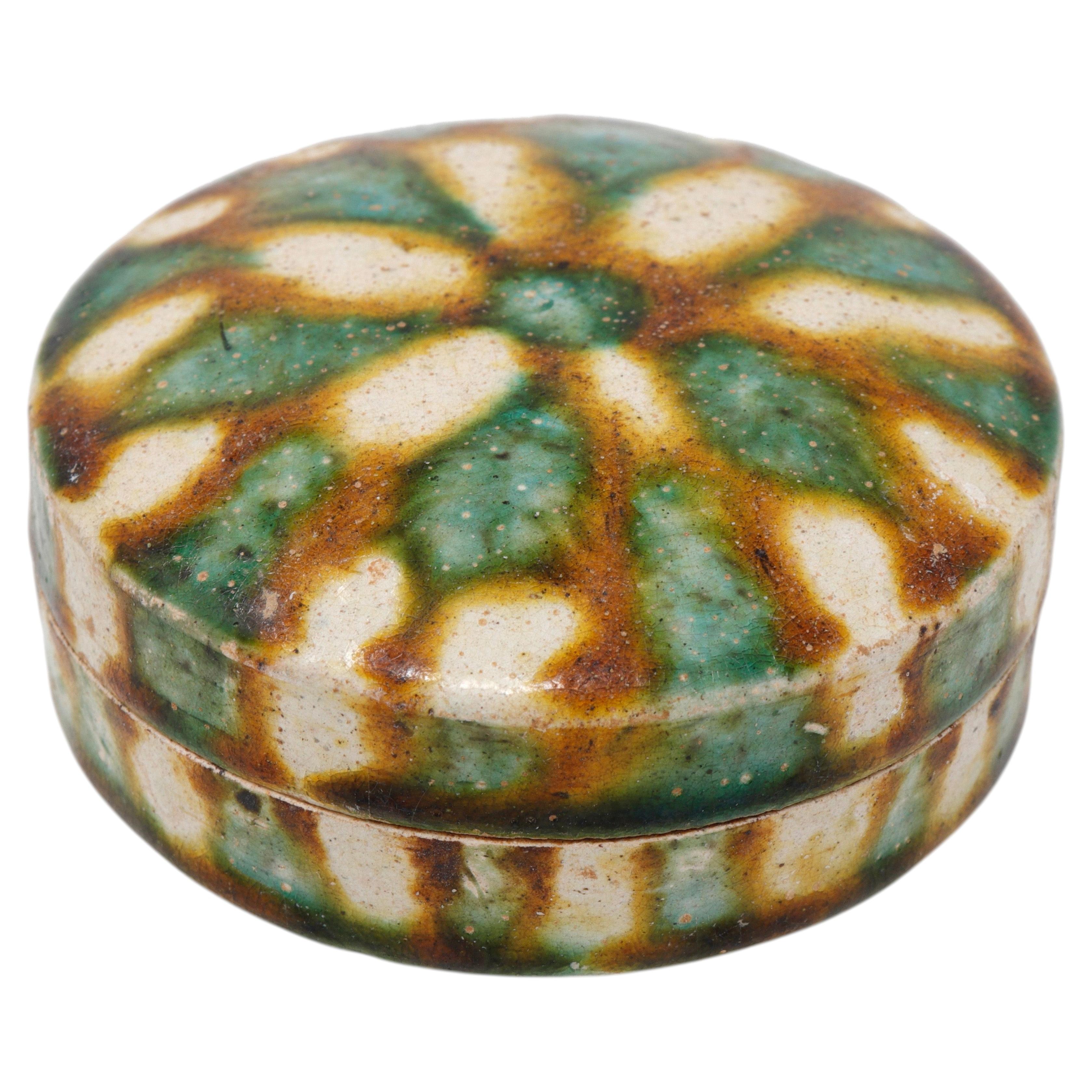 Antique Chinese Sancai Glazed Ceramic Box and Cover, Tang Dynasty