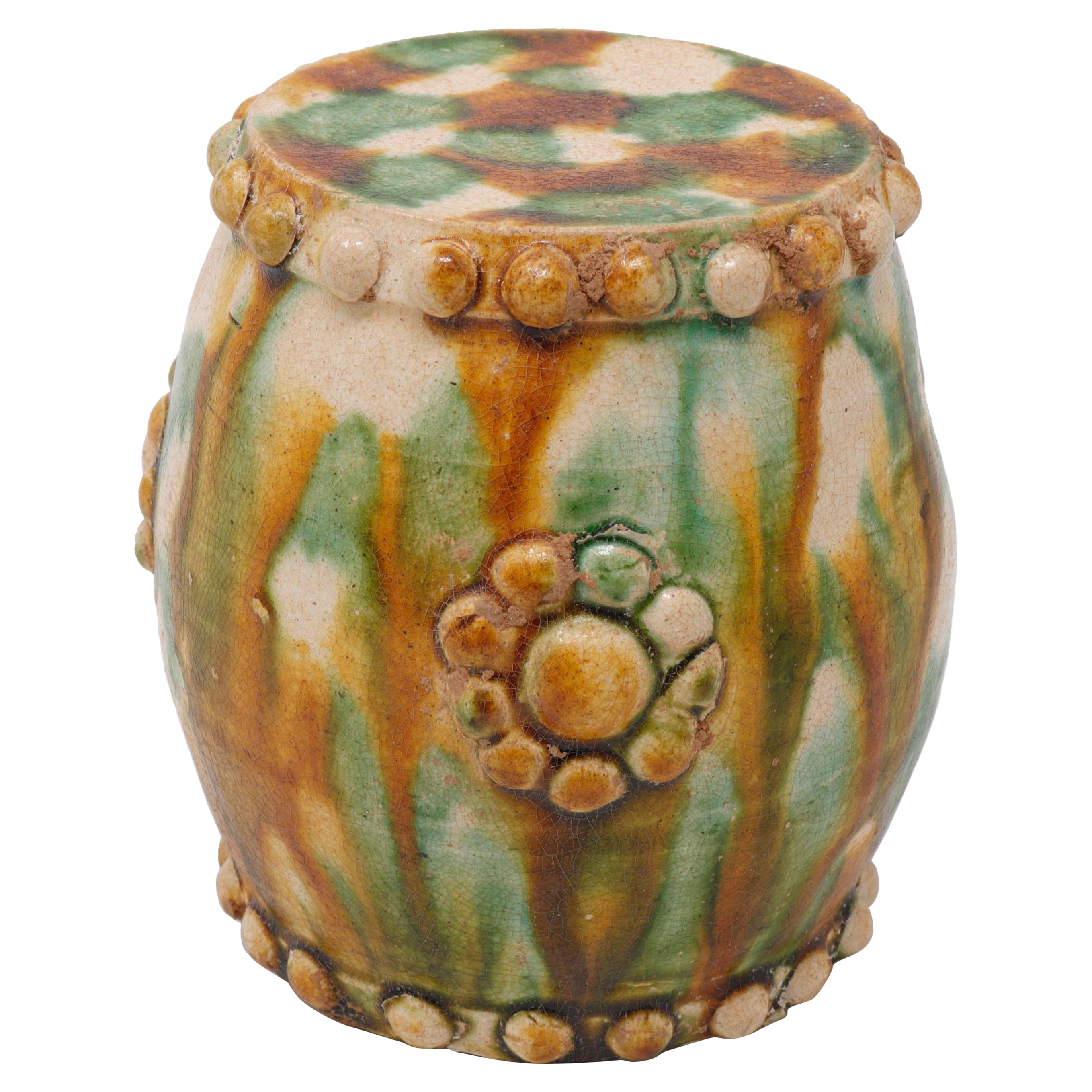 Antique Chinese Sancai Glazed Ceramic Drum Form, Tang Dynasty For Sale
