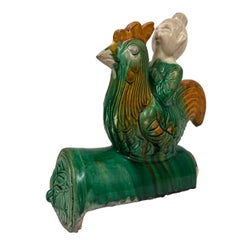 Antique Chinese Sancai Glazed Ceramic Taoist Immortal on Rooster Roof Tile