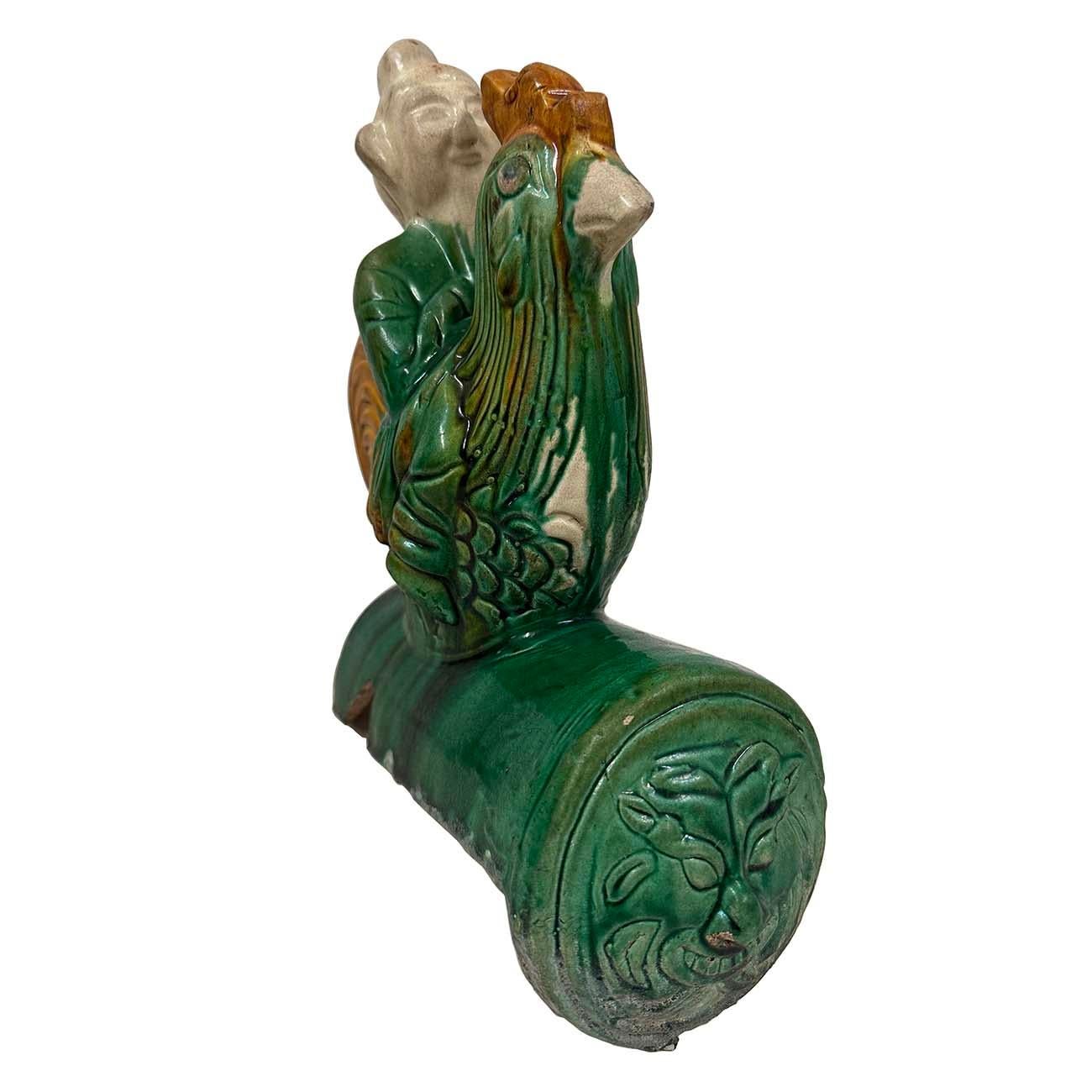 Chinese Export Antique Chinese Sancai Glazed Ceramic Taoist Immortal on Rooster Roof Tile For Sale