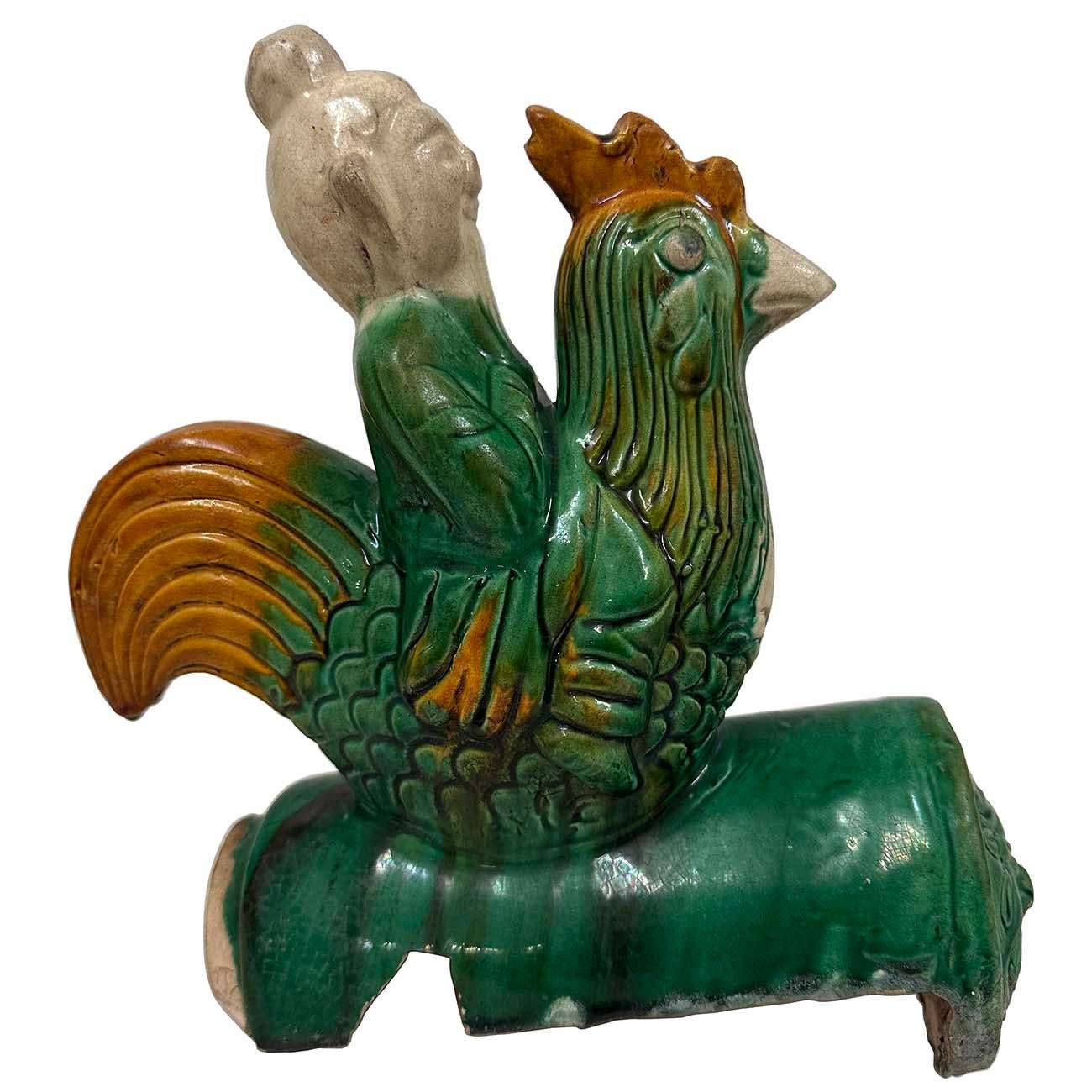 Antique Chinese Sancai Glazed Ceramic Taoist Immortal on Rooster Roof Tile In Good Condition For Sale In Pomona, CA