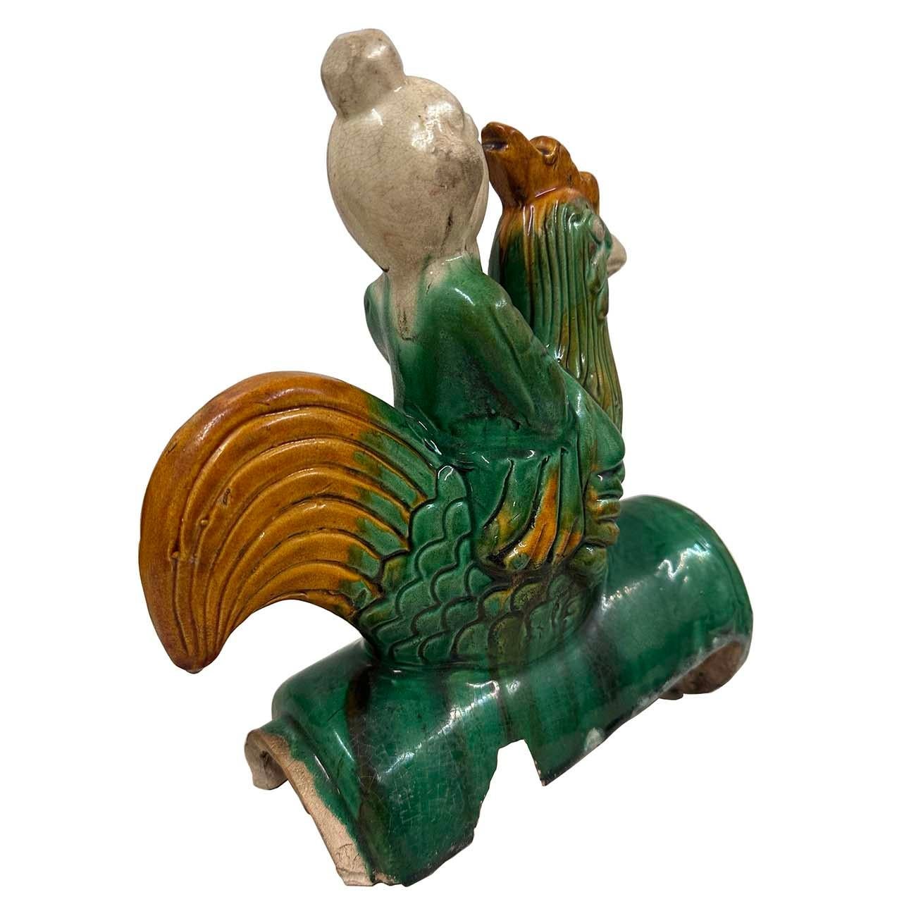 20th Century Antique Chinese Sancai Glazed Ceramic Taoist Immortal on Rooster Roof Tile For Sale