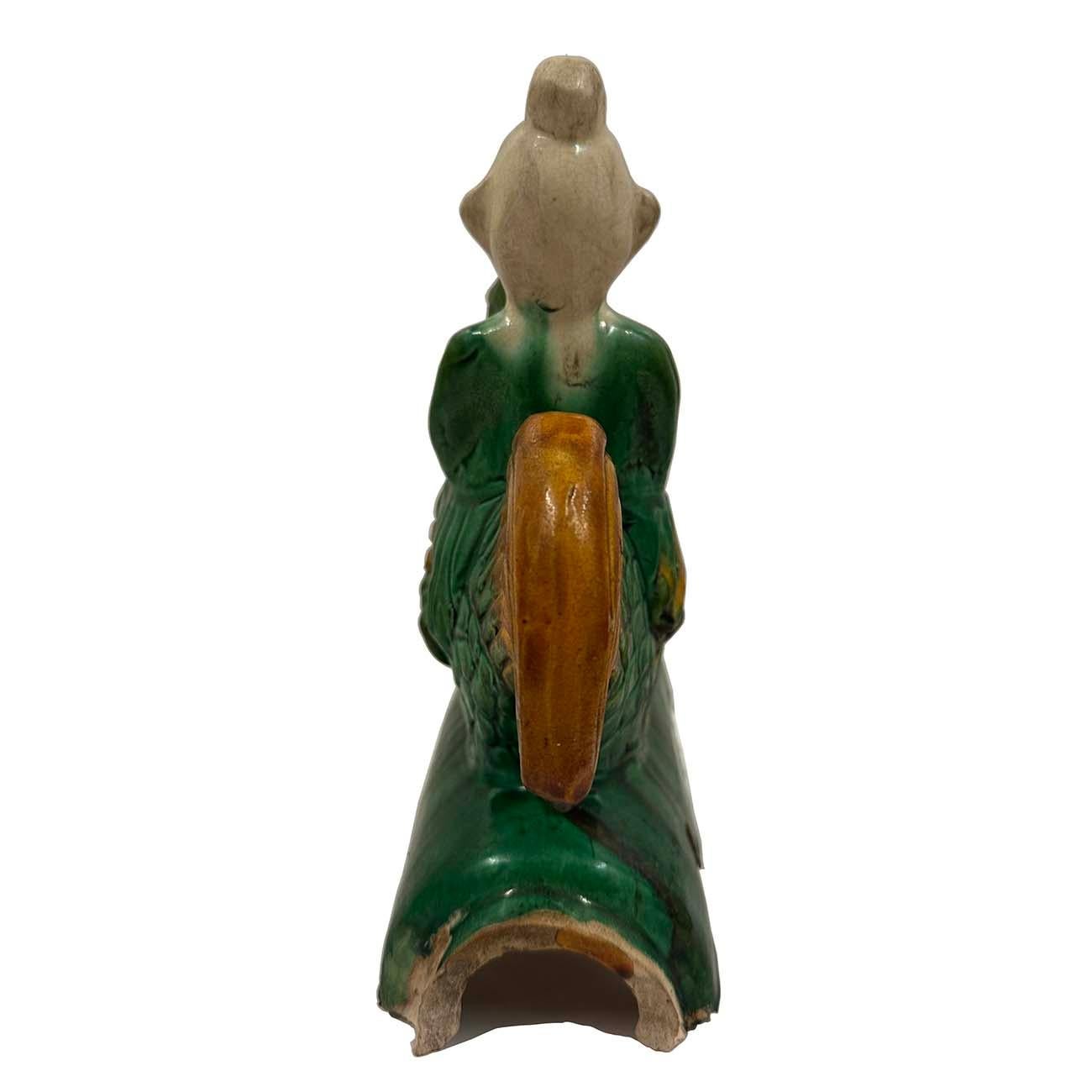 Antique Chinese Sancai Glazed Ceramic Taoist Immortal on Rooster Roof Tile For Sale 1