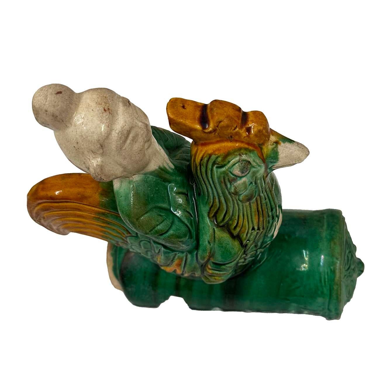 Antique Chinese Sancai Glazed Ceramic Taoist Immortal on Rooster Roof Tile For Sale 2