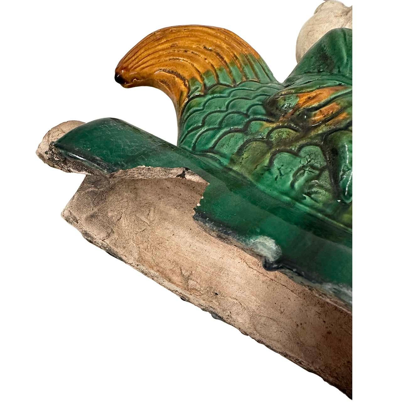 Antique Chinese Sancai Glazed Ceramic Taoist Immortal on Rooster Roof Tile For Sale 4