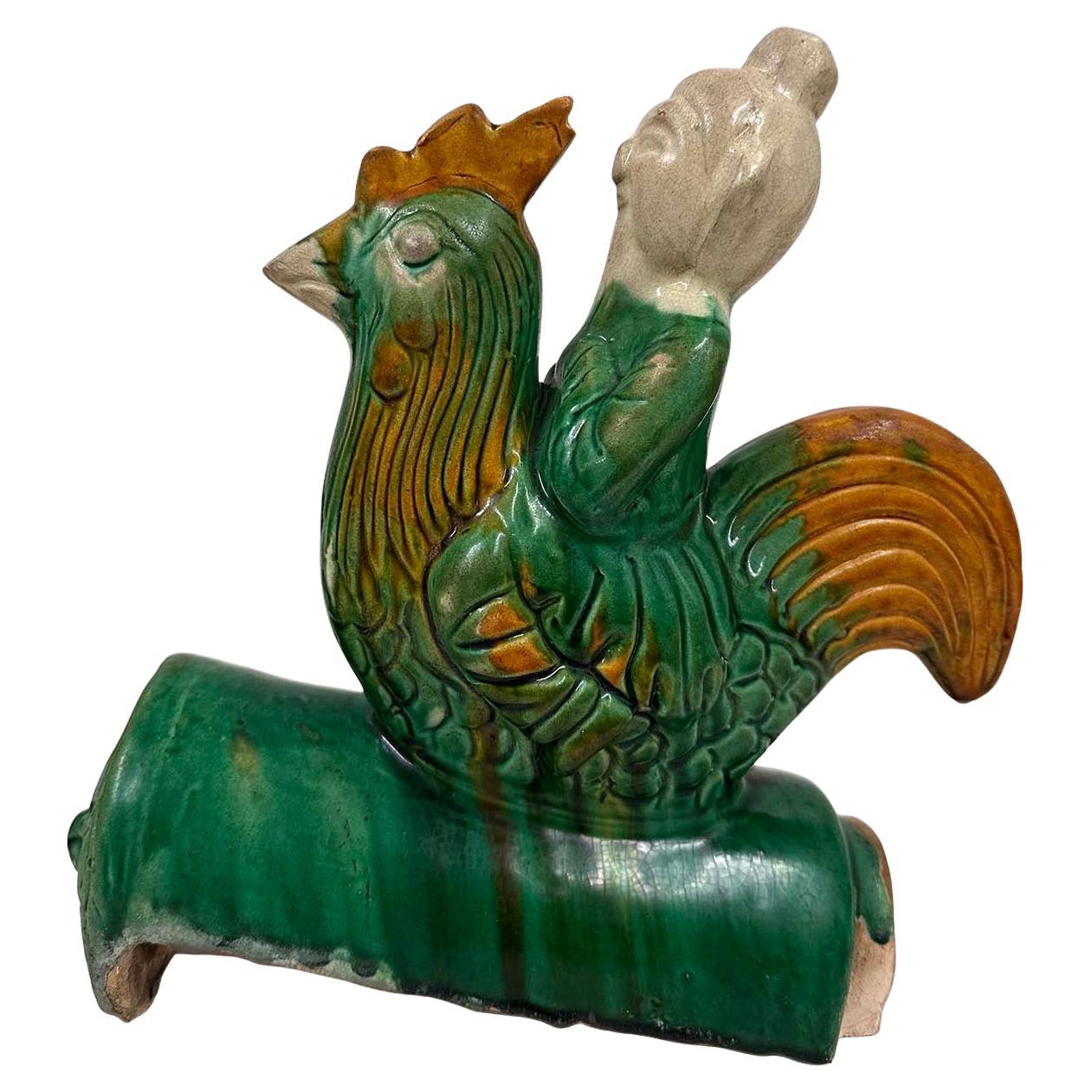 Antique Chinese Sancai Glazed Ceramic Taoist Immortal on Rooster Roof Tile For Sale