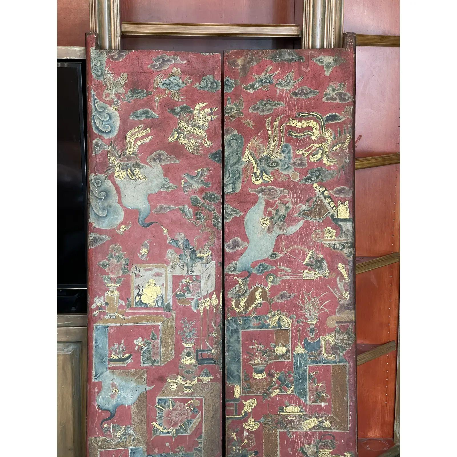 Ming Antique Chinese Scenic Painted Carved Wood Doors, 19th Century For Sale