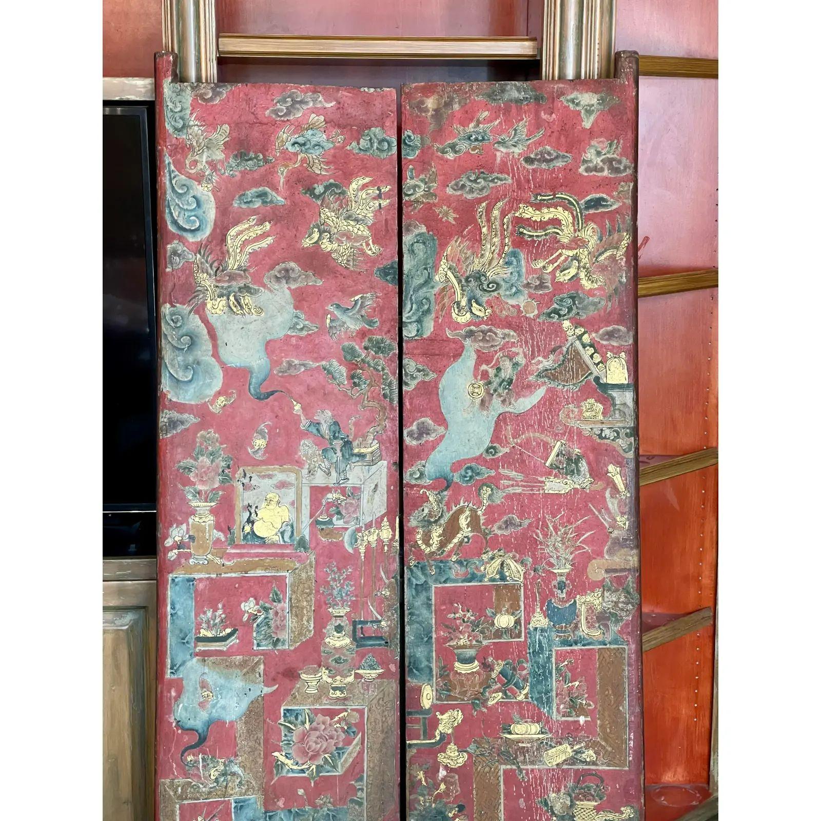 Antique Chinese Scenic Painted Carved Wood Doors, 19th Century In Good Condition In LOS ANGELES, CA