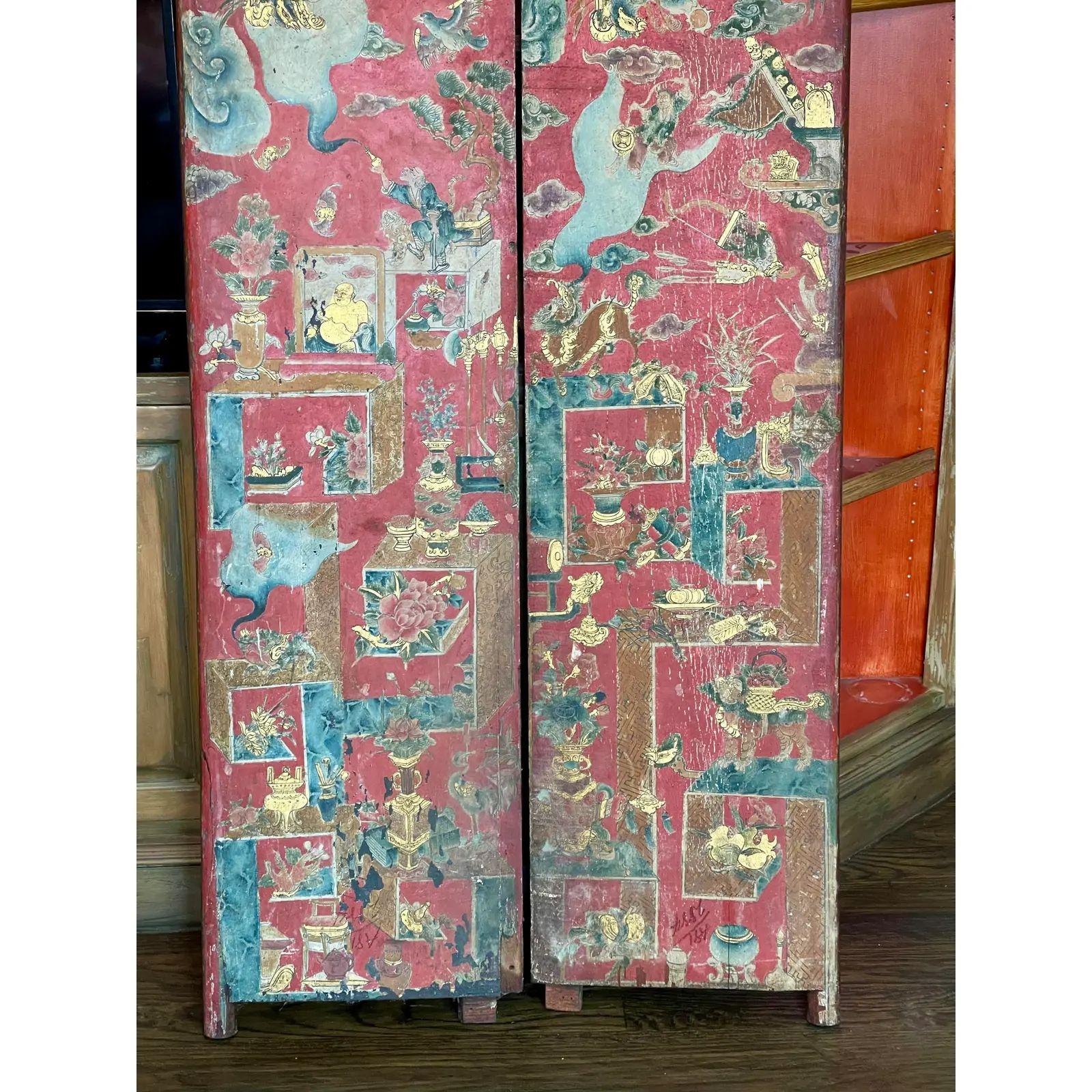 Antique Chinese Scenic Painted Carved Wood Doors, 19th Century For Sale 1