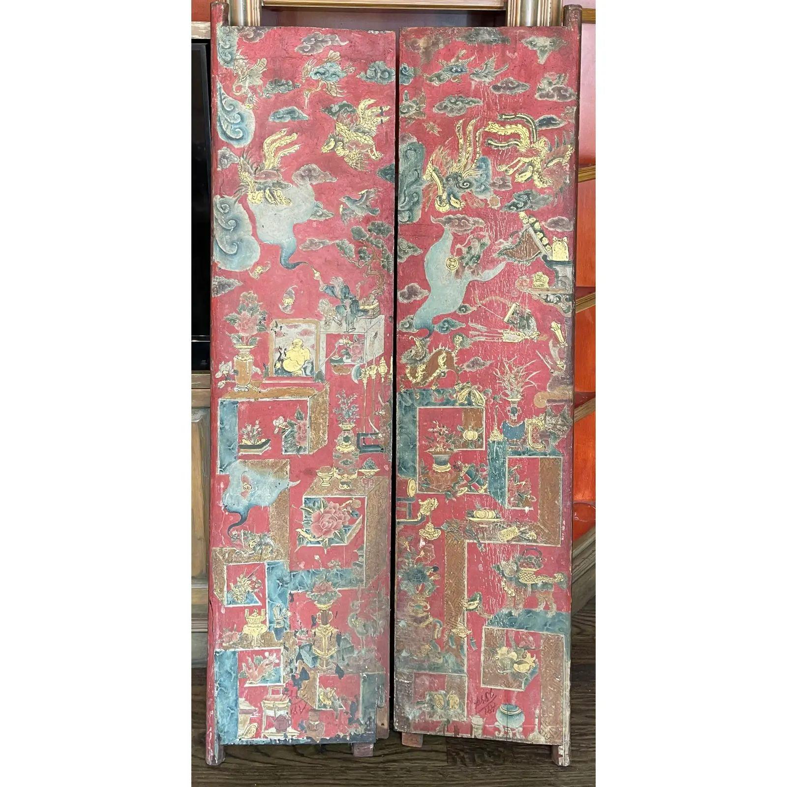 Antique Chinese Scenic Painted Carved Wood Doors, 19th Century For Sale 3