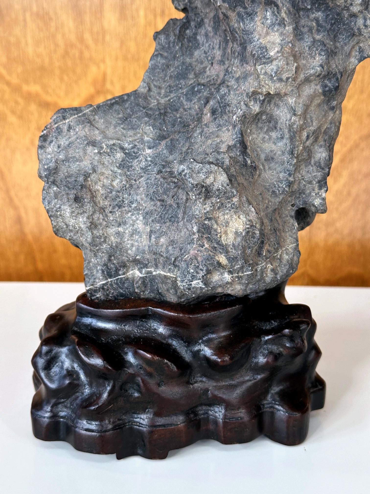 Antique Chinese Scholar Rock Yingde Stone on Display Stand For Sale 8