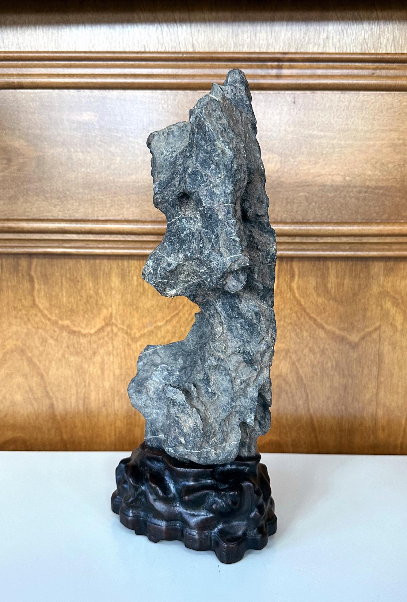 Qing Antique Chinese Scholar Rock Yingde Stone on Display Stand For Sale