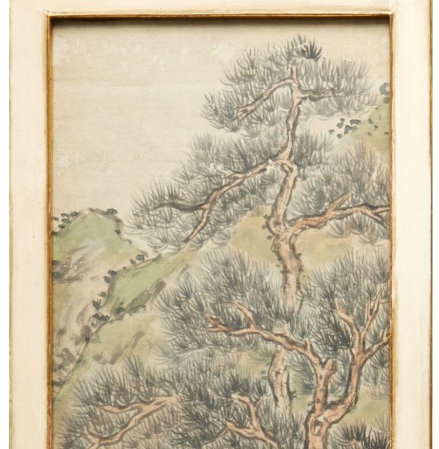 Escuela china (probablemente s. XIX), tinta, acuarela y gouache sobre papel verjurado, aparentemente montado sobre hoja soporte, no se detecta firma ni marca, enmarcado bajo cristal.

Obra de arte tradicional china sobre papel que representa una