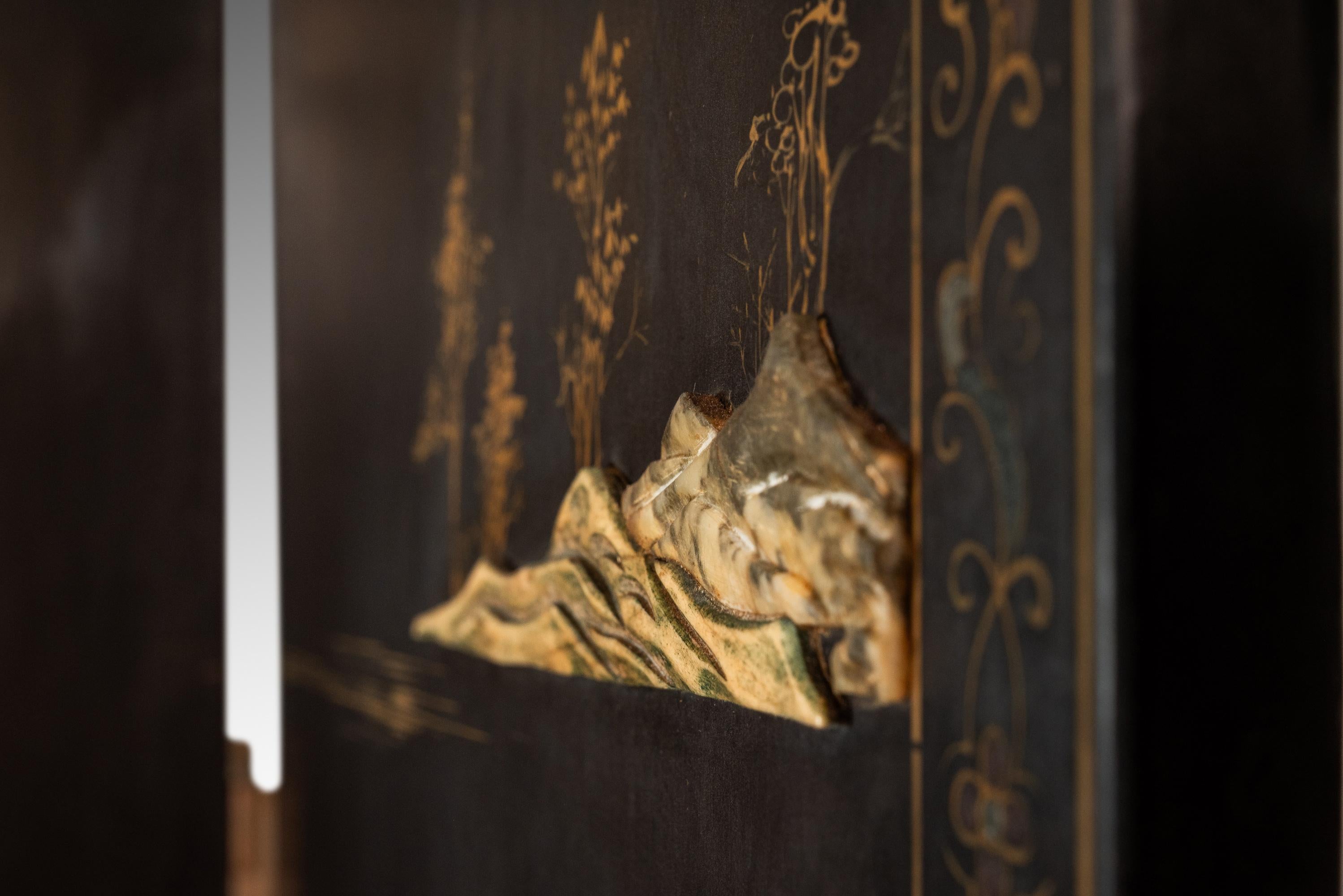 Biombo chino antiguo con piedra dura tallada, China, c. 1950 en venta 3