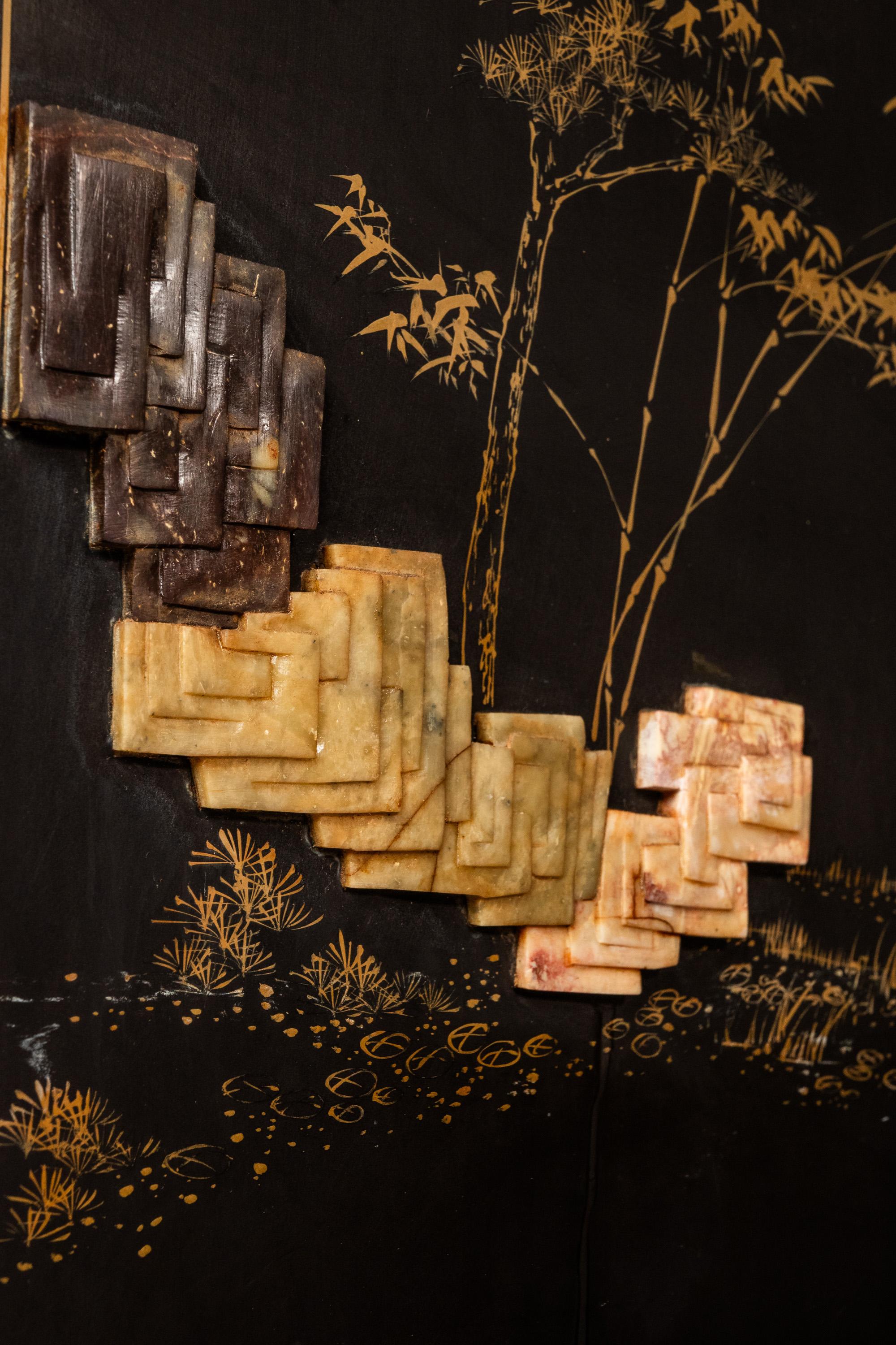 Biombo chino antiguo con piedra dura tallada, China, c. 1950 en venta 7