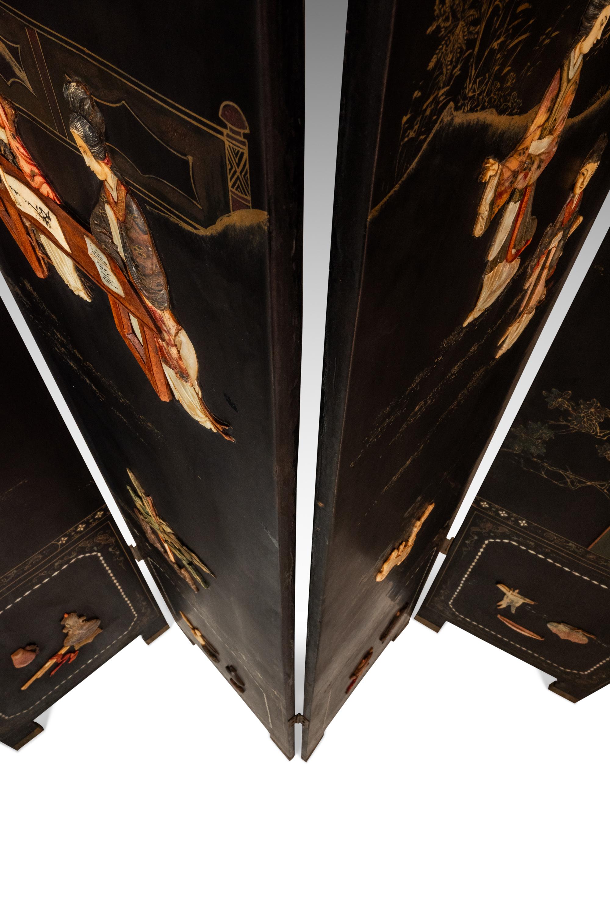 Biombo chino antiguo con piedra dura tallada, China, c. 1950 en venta 12