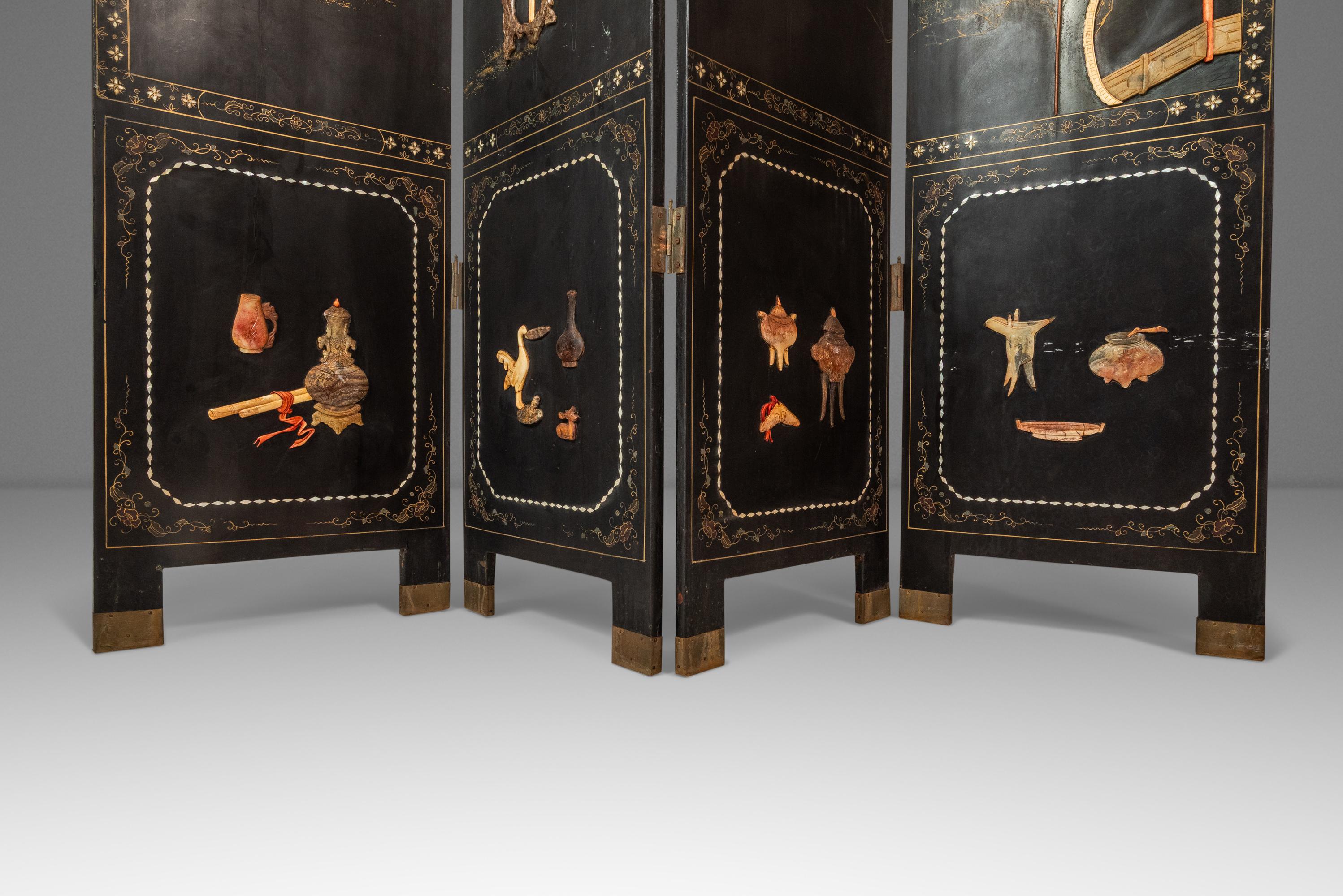 Biombo chino antiguo con piedra dura tallada, China, c. 1950 en venta 2