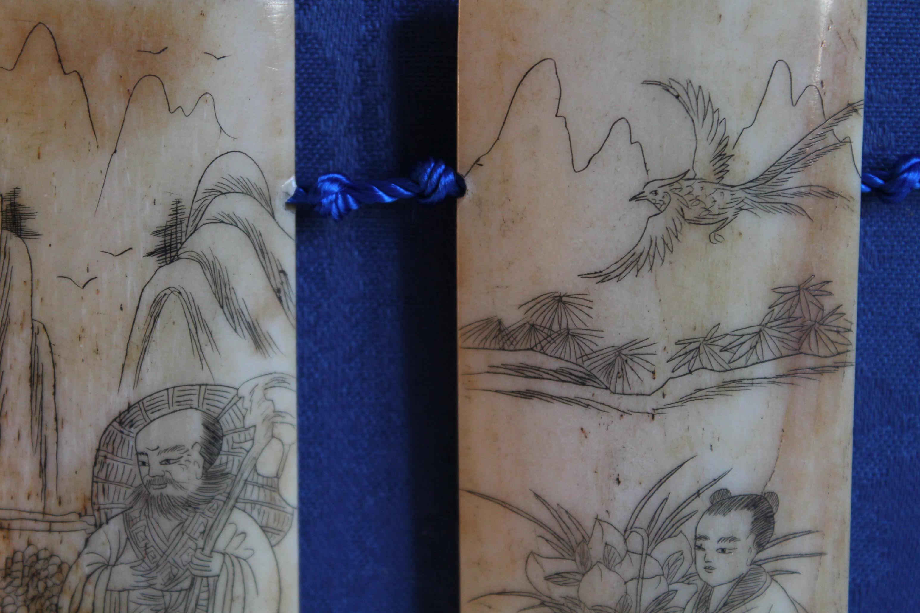 Antique Chinese Scrimshaw carved/inked 