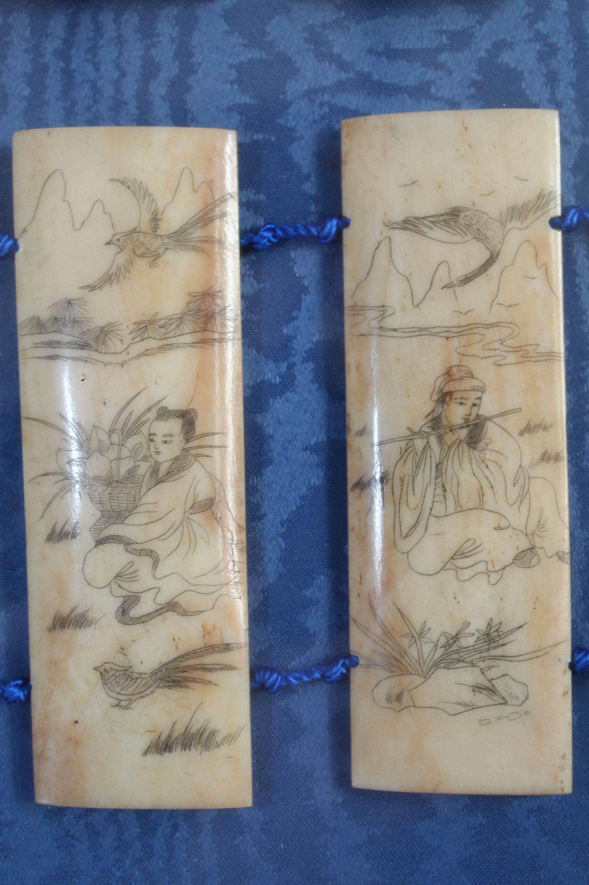 Antique Chinese Scrimshaw carved/inked 