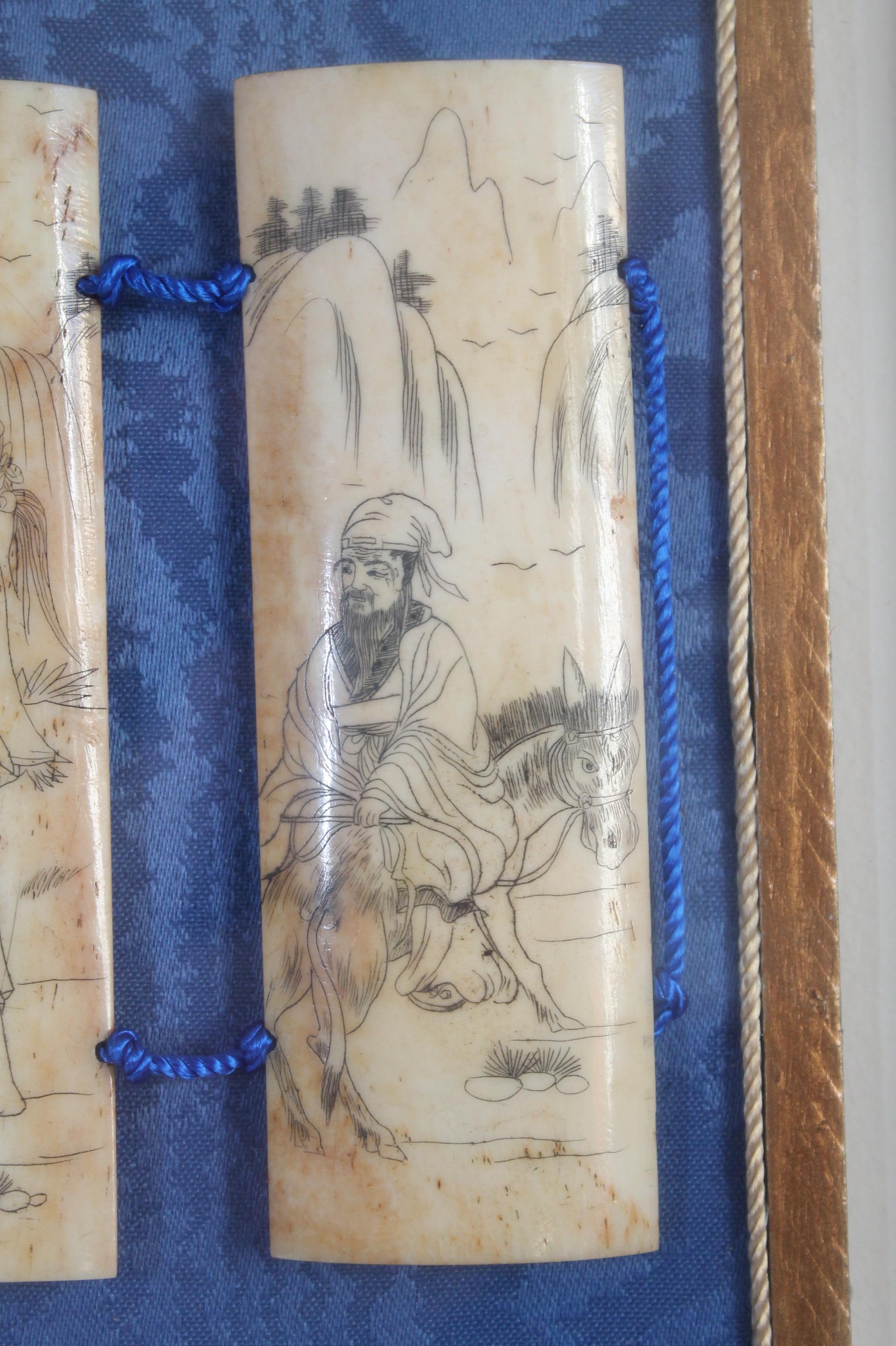 Bone Antique Chinese Scrimshaw carved/inked 