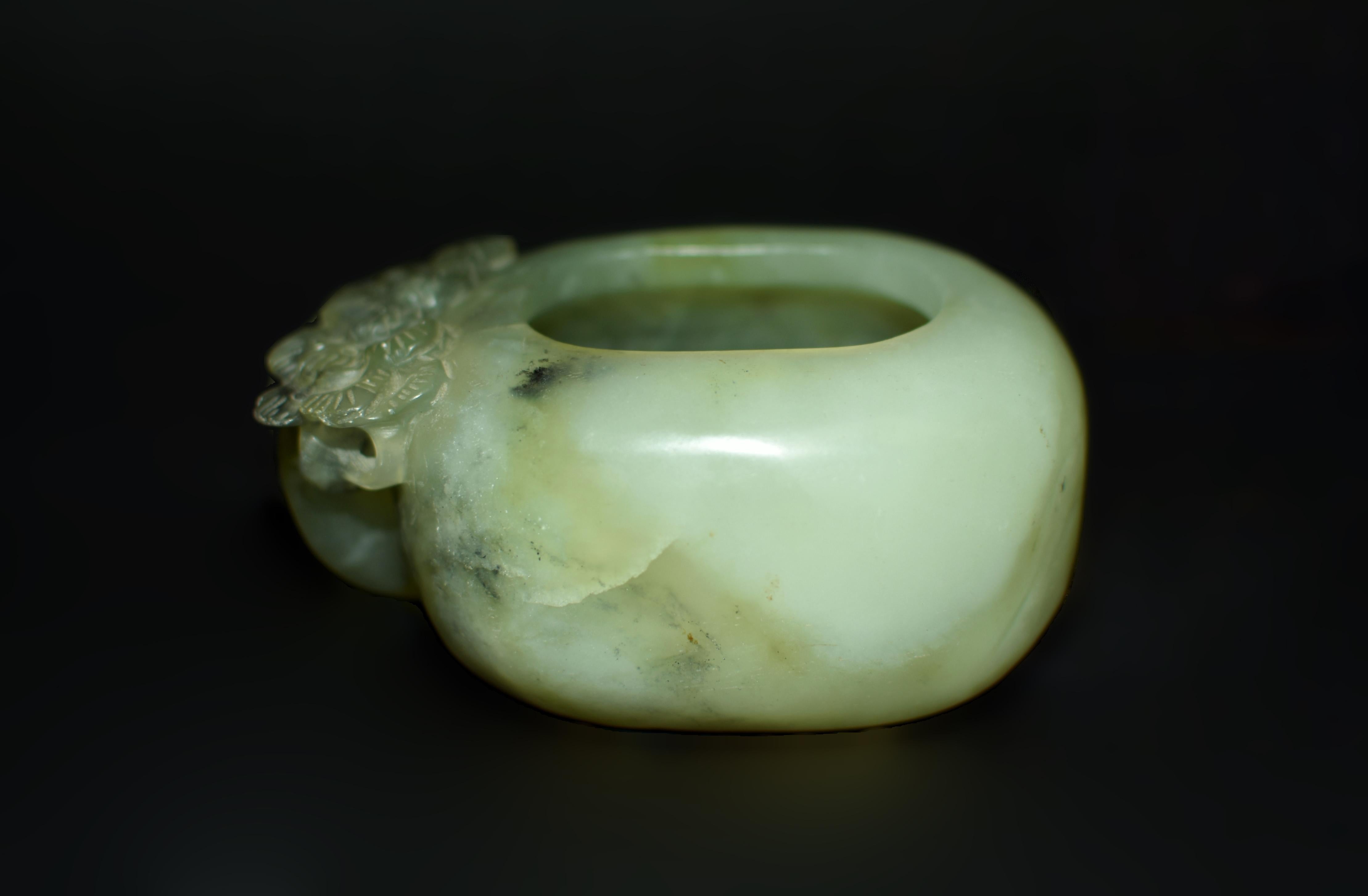 Antique Chinese Serpentine Gemstone Bowl Wash Calligraphy Watercolor In Excellent Condition In Somis, CA