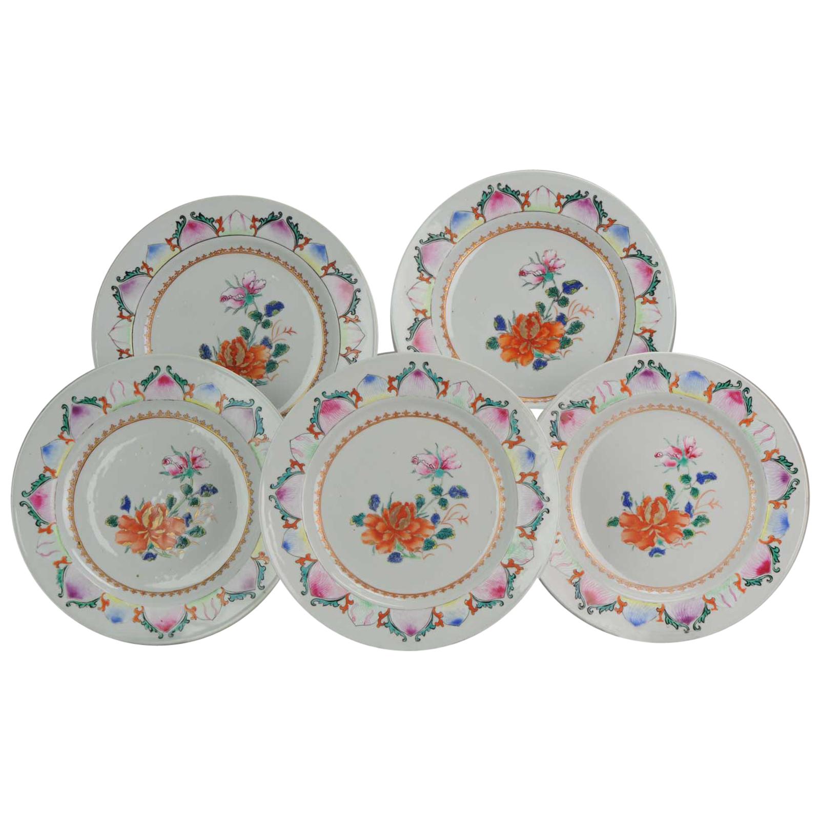 Antique Chinese Set of SE Asian Market Qianlong Plates Fencai Lotus For Sale