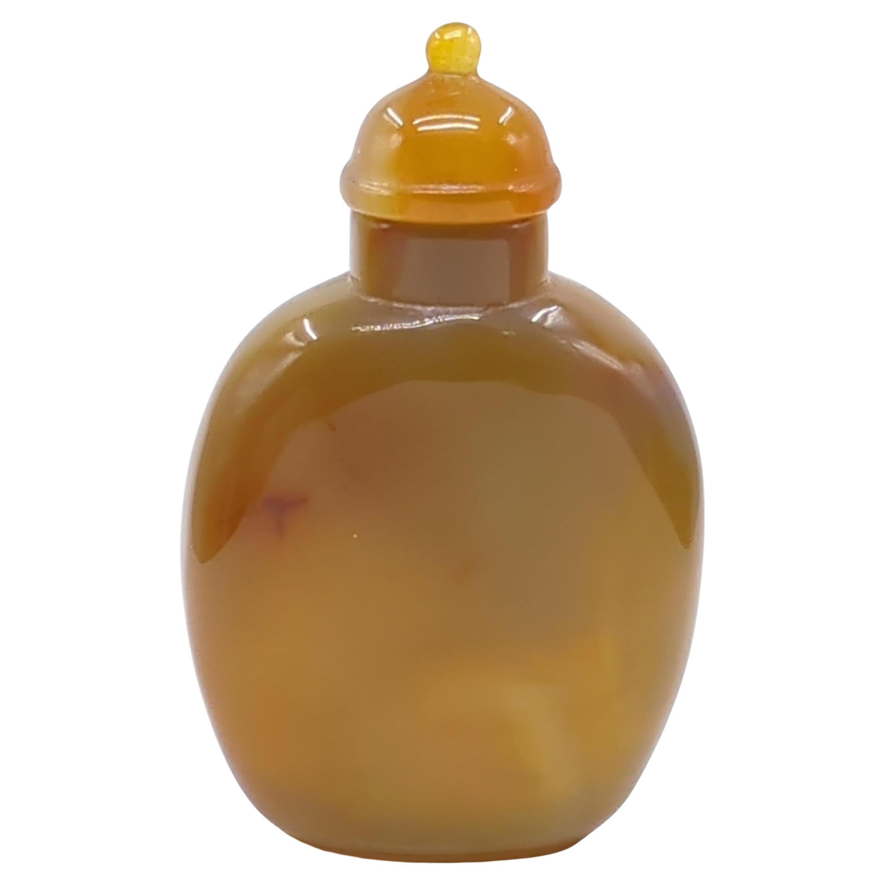 A Chinese late Qing dynasty shadow agate snuff bottle, exquisitely carved to depict a scene of contemplative serenity. It features a scholar, thoughtfully seated on a rock, positioned beneath the overhanging boughs of a pine tree. The natural